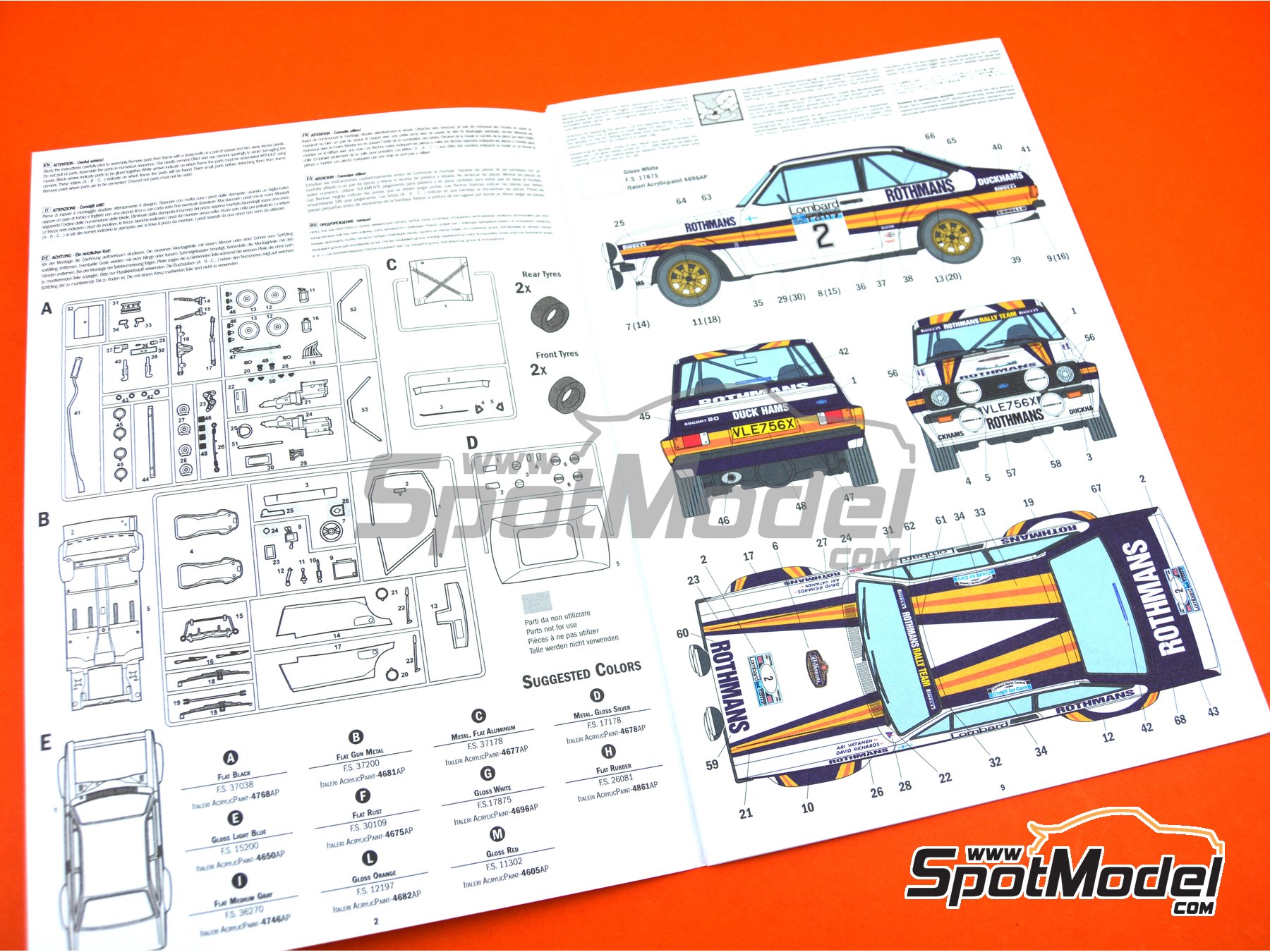 Image 5: Ford Escort Mk. II RS1800 sponsored by Rothmans - Lombard RAC Rally 1981 | Car scale model kit in 1/24 scale manufactured by Italeri (ref. 3650, also 8001283036504, IT3650 and ITA3650)