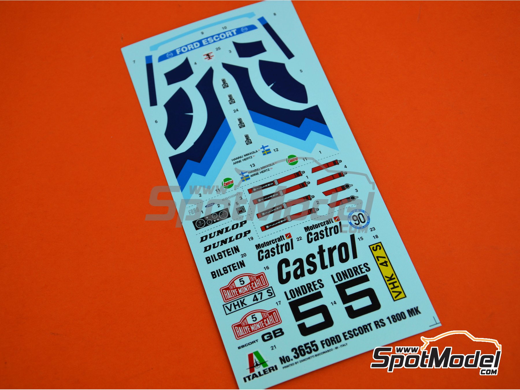 Image 1: Ford Escort Mk. II RS1800 sponsored by Castrol - Monte Carlo Rally - Rallye Automobile de Monte-Carlo 1979 | Car scale model kit in 1/24 scale manufactured by Italeri (ref.&nbsp;3655, also 8001283036559)