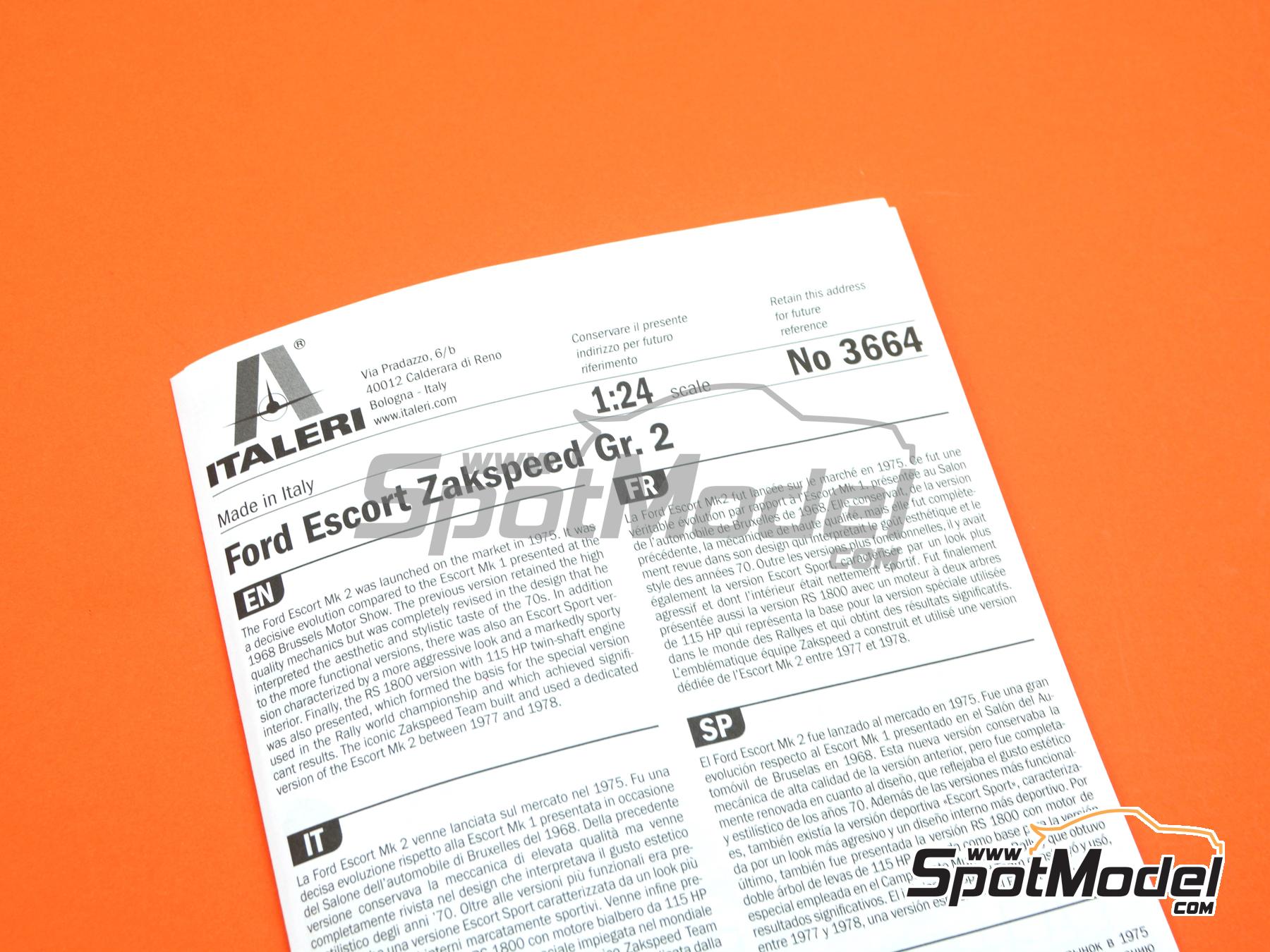 Image 10: Ford Escort Zakspeed Group 2 Zakspeed Team sponsored by D&W - European Touring Car Championship ETCC 1979 | Car scale model kit in 1/24 scale manufactured by Italeri (ref.&nbsp;3664, also 8001283036641, IT3664 and ITA3664)