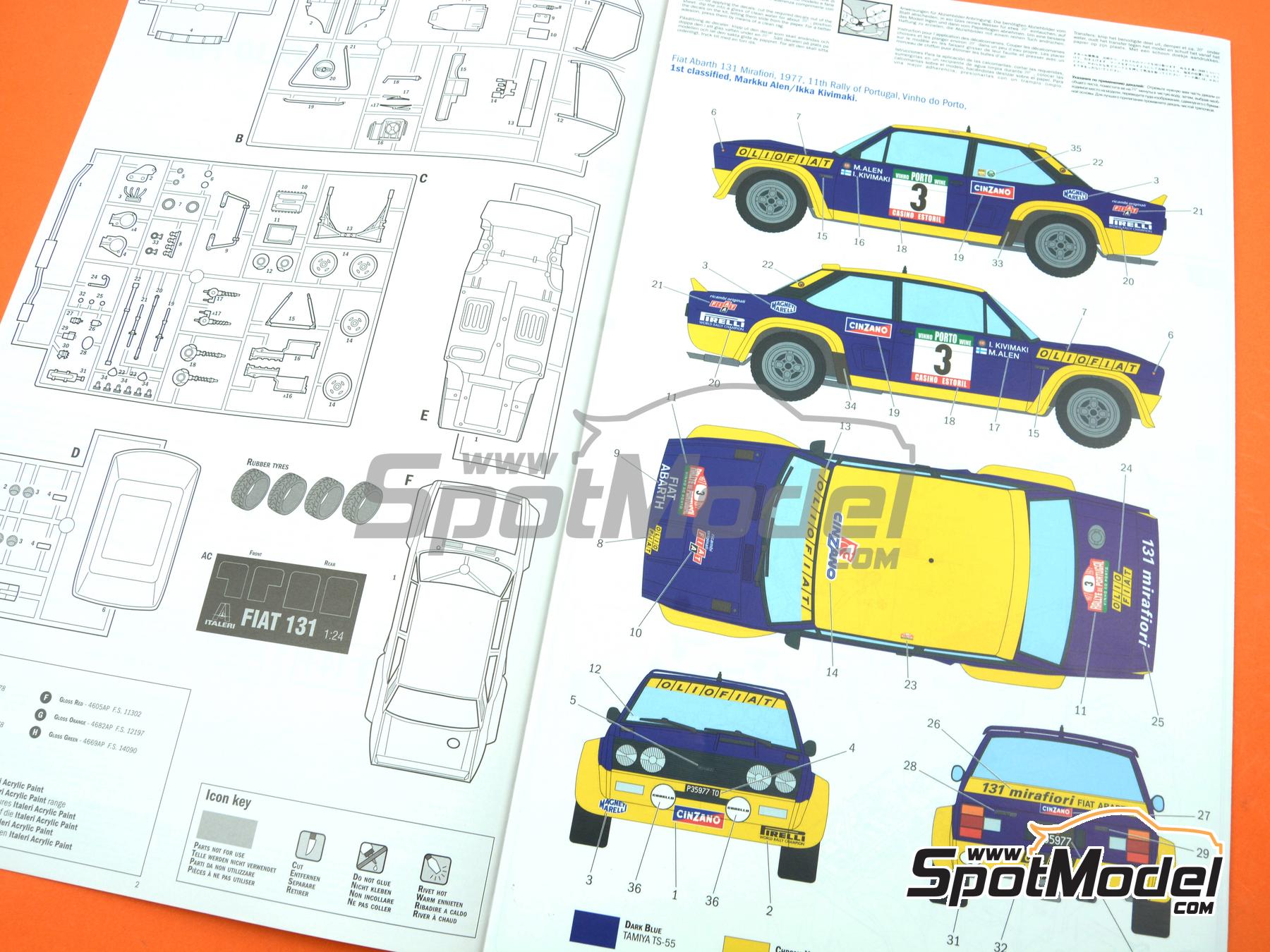Image 19: Fiat 131 Abarth sponsored by Olio Fiat - Portugal Rally - Vinho do Porto 1977 | Car scale model kit in 1/24 scale manufactured by Italeri (ref.&nbsp;3667, also 8001283036672, ITA3667 and 3667S)