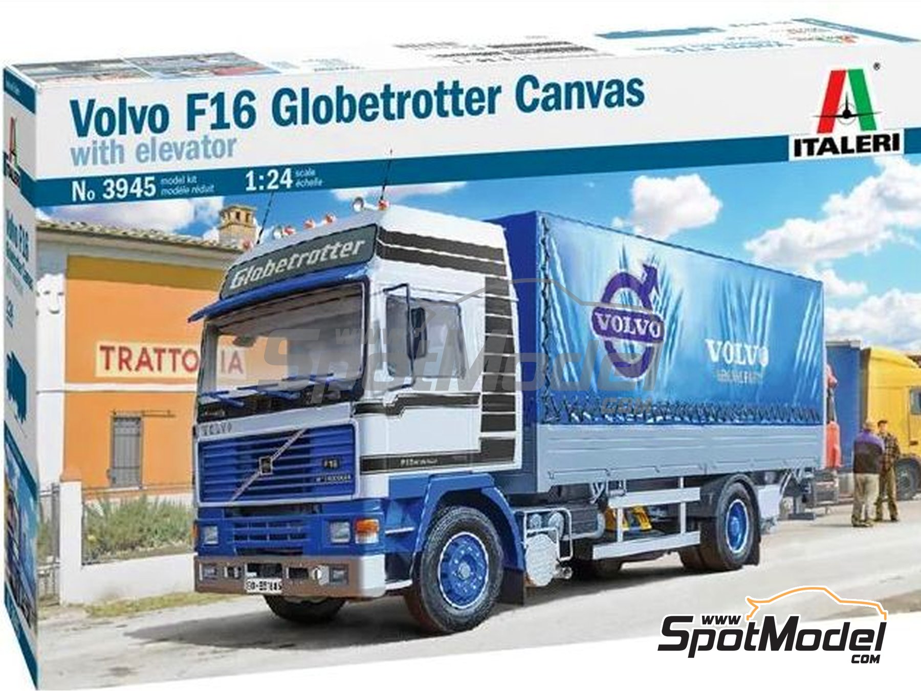 Image 1: Volvo F16 Globetrotter Canvas with elevator | Truck scale model kit in 1/24 scale manufactured by Italeri (ref.&nbsp;3945, also 8001283039451)