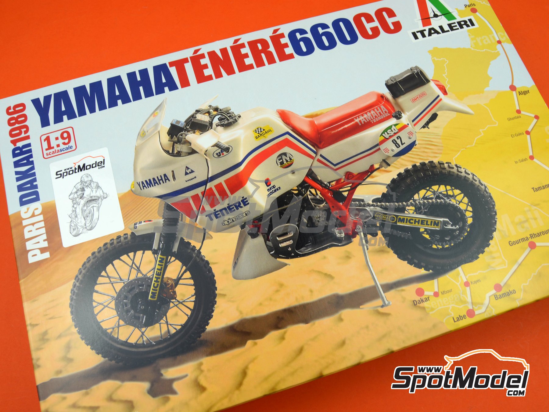 Yamaha Tenere 600cc sponsored by Europe Assistance - Paris Dakar Rally  1986. Motorbike scale model kit in 1/9 scale manufactured by Italeri (ref.  4642