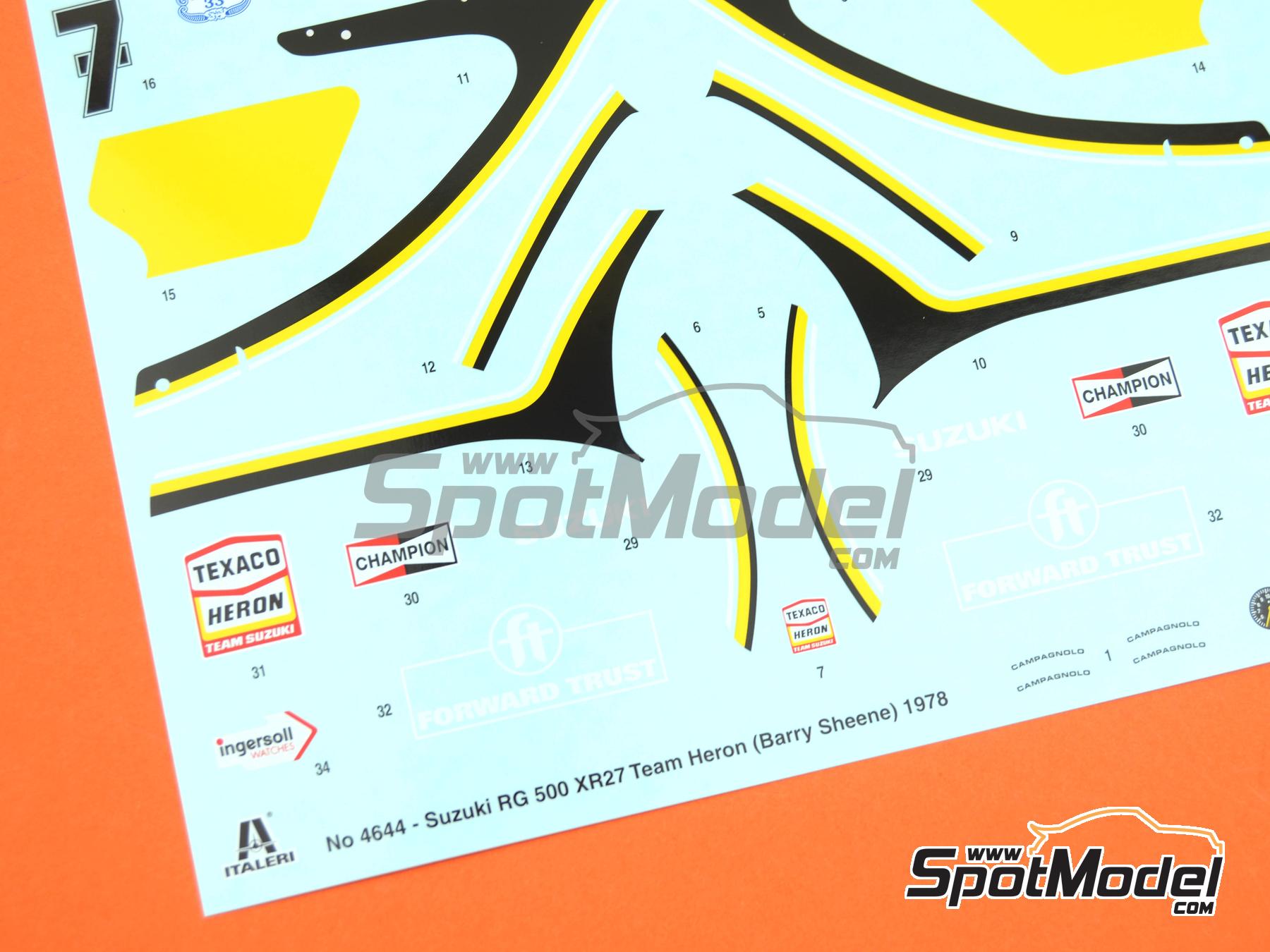 Image 26: Suzuki RG500 XR27 Equipo Heron patrocinado por Forward Trust - Campeonato del Mundo de Motociclismo 1978 | Maqueta de moto en escala&nbsp;1/9 fabricado por Italeri (ref.&nbsp;4644, tambien 8001283046442 y 4644S)