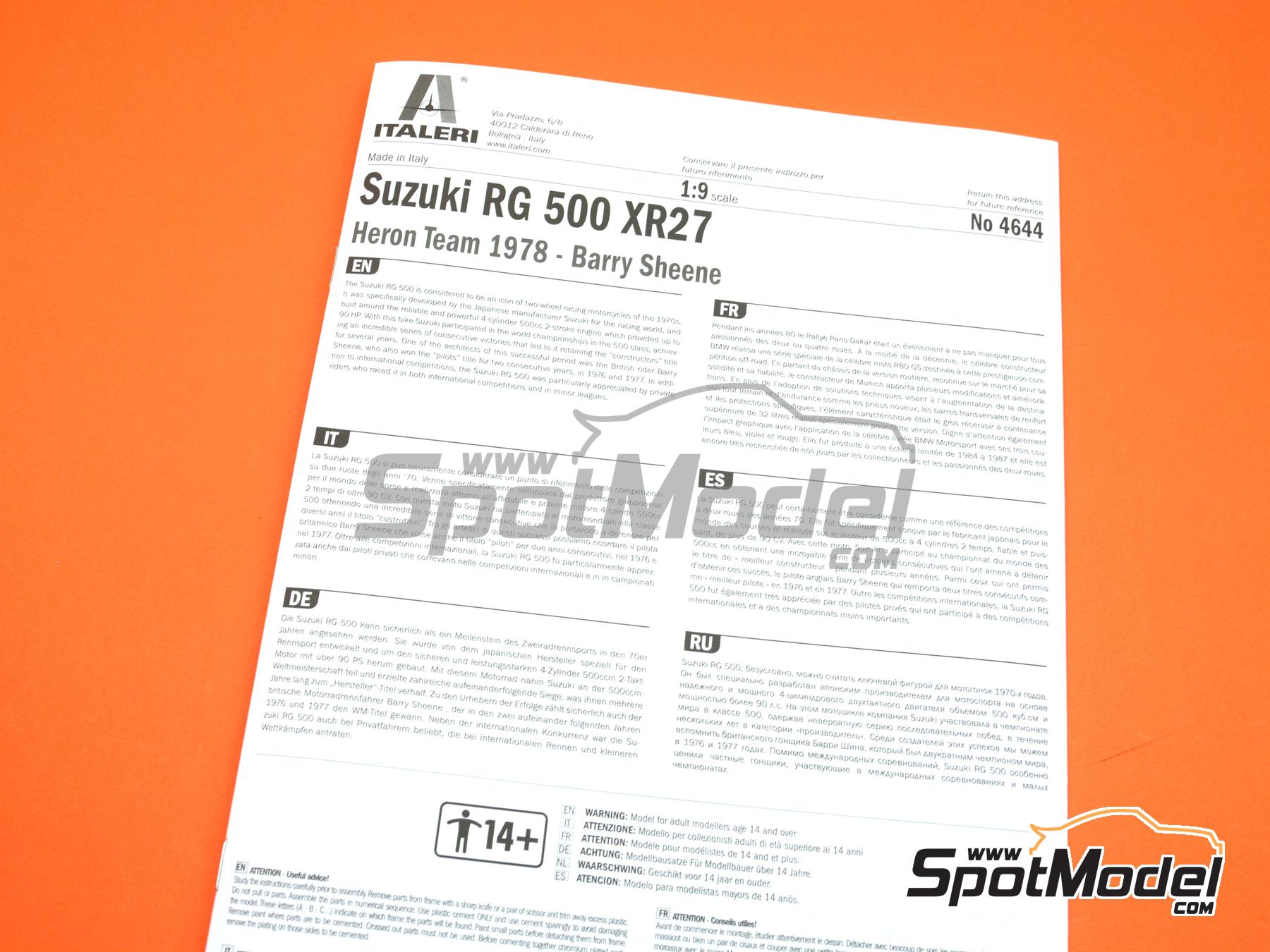 Image 28: Suzuki RG500 XR27 Equipo Heron patrocinado por Forward Trust - Campeonato del Mundo de Motociclismo 1978 | Maqueta de moto en escala&nbsp;1/9 fabricado por Italeri (ref.&nbsp;4644, tambien 8001283046442 y 4644S)