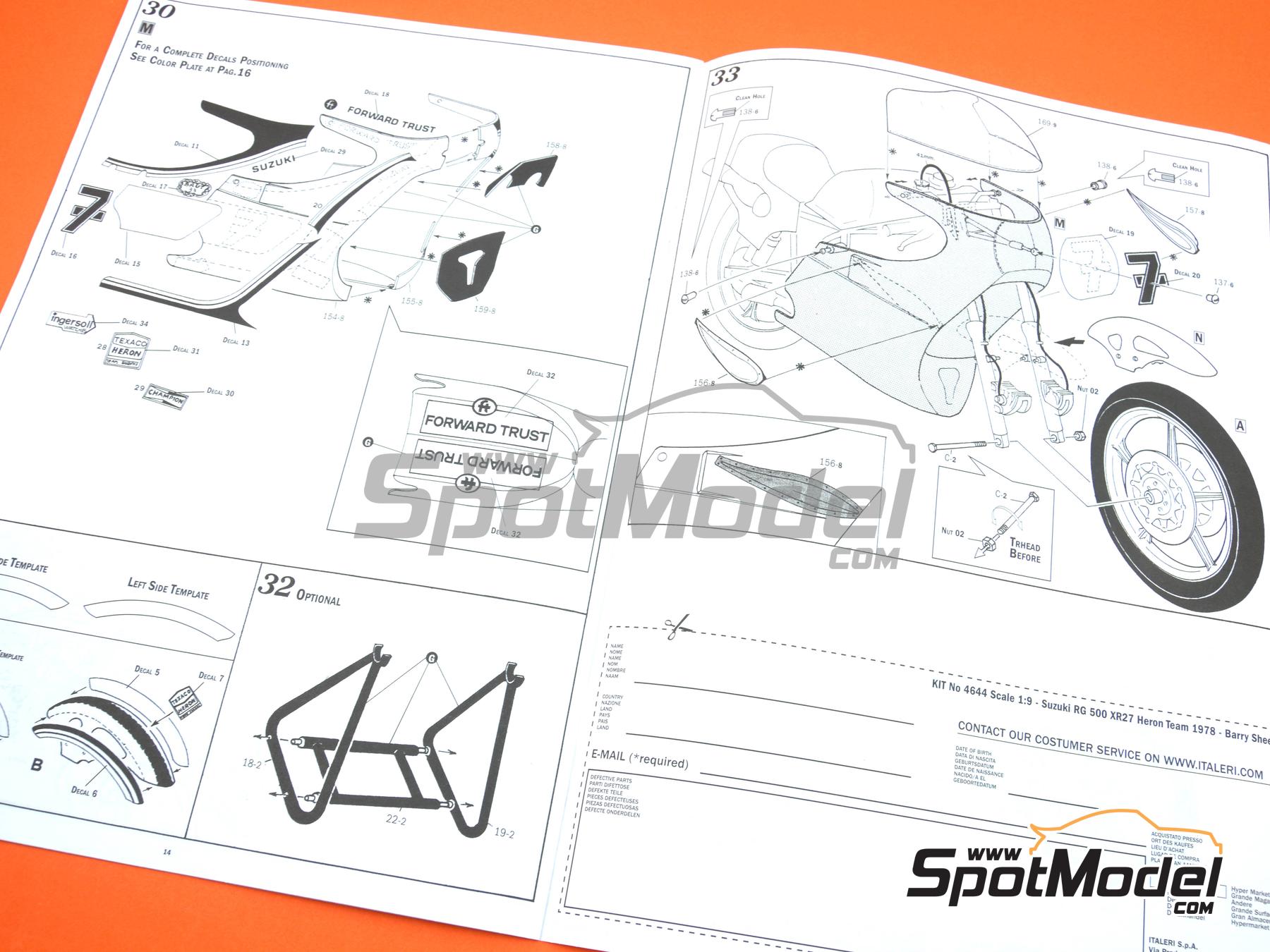 Image 32: Suzuki RG500 XR27 Equipo Heron patrocinado por Forward Trust - Campeonato del Mundo de Motociclismo 1978 | Maqueta de moto en escala&nbsp;1/9 fabricado por Italeri (ref.&nbsp;4644, tambien 8001283046442 y 4644S)