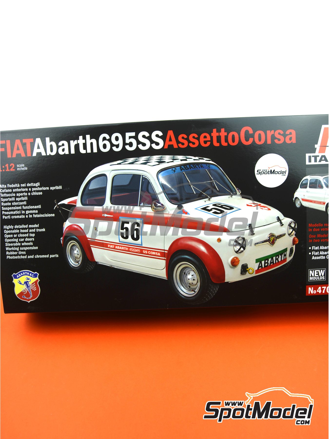 Fiat Abarth 695 SS Assetto Corsa. Car scale model kit in 1/12 scale  manufactured by Italeri (ref. 4705, also 8001283047050, ITA4705 and IT4705)