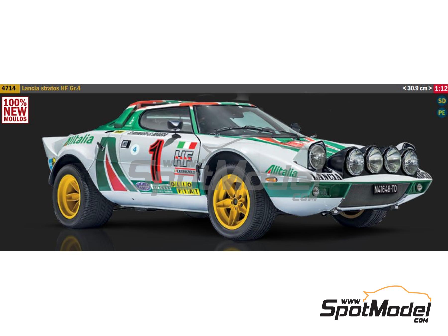 Image 1: Lancia Stratos HF sponsored by Alitalia - Monte Carlo Rally - Rallye Automobile de Monte-Carlo 1977 | Car scale model kit in 1/12 scale manufactured by Italeri (ref.&nbsp;4714, also 8001283047142)