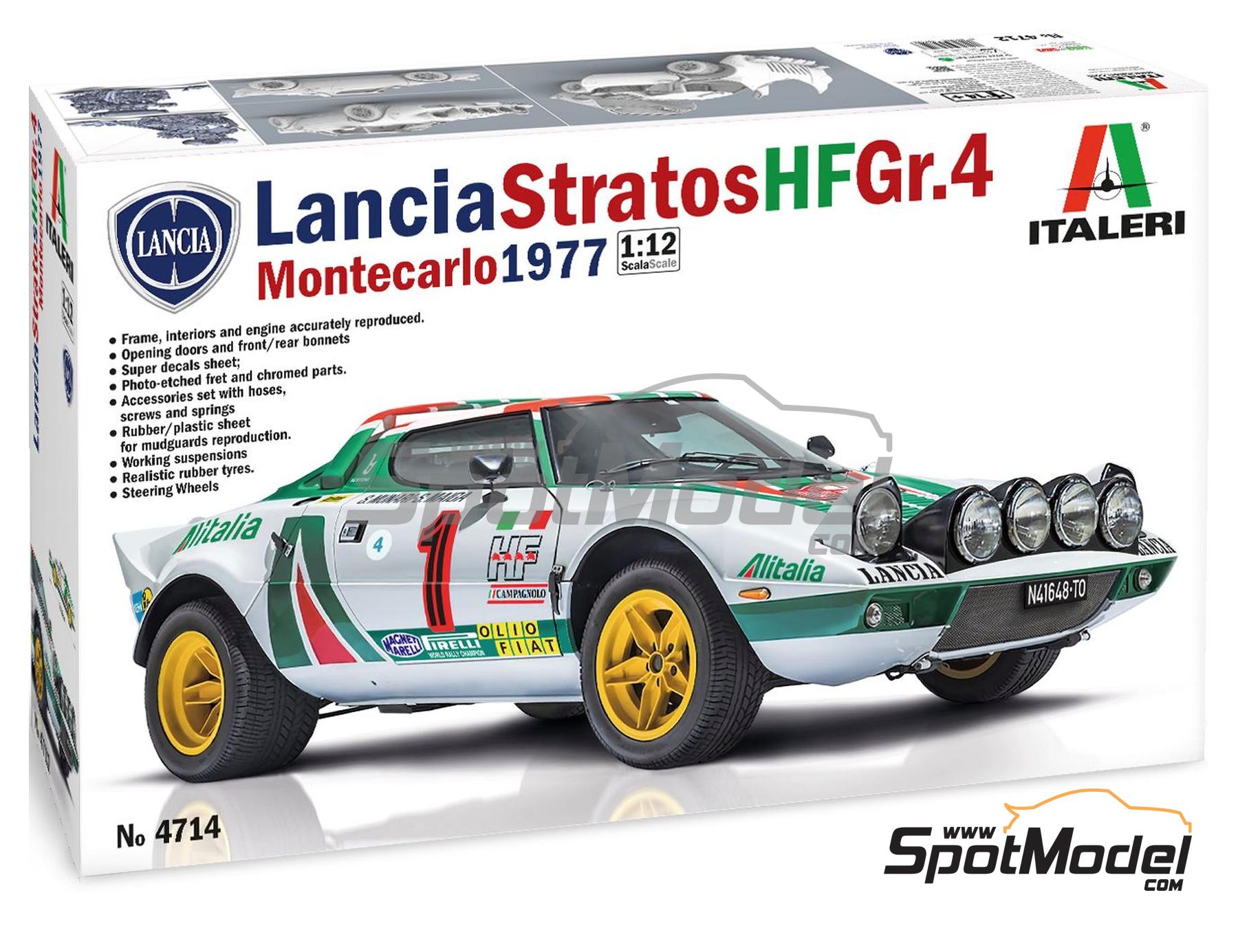 Image 2: Lancia Stratos HF sponsored by Alitalia - Monte Carlo Rally - Rallye Automobile de Monte-Carlo 1977 | Car scale model kit in 1/12 scale manufactured by Italeri (ref.&nbsp;4714, also 8001283047142)