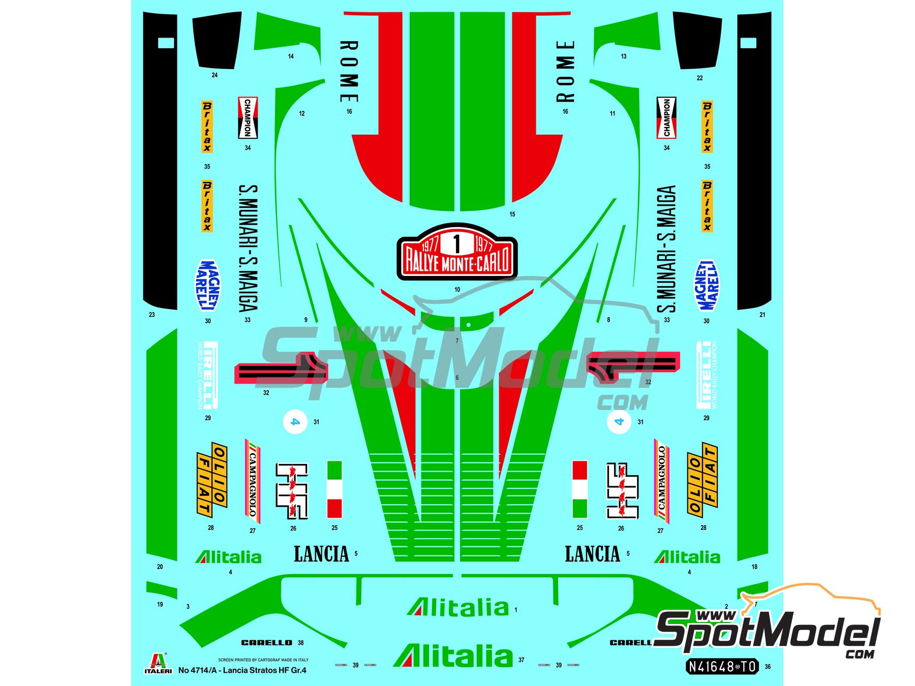 Image 3: Lancia Stratos HF sponsored by Alitalia - Monte Carlo Rally - Rallye Automobile de Monte-Carlo 1977 | Car scale model kit in 1/12 scale manufactured by Italeri (ref.&nbsp;4714, also 8001283047142)
