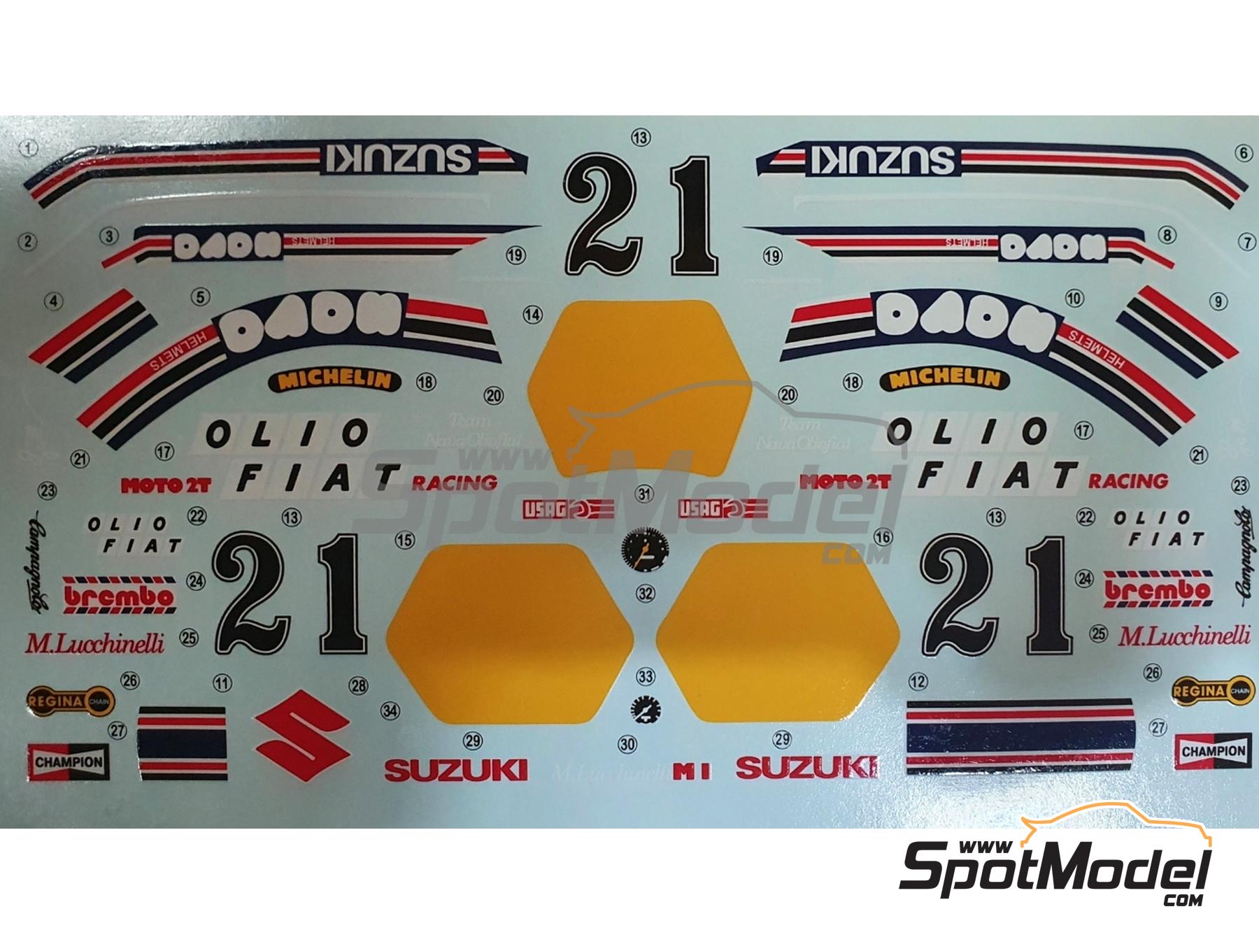 Image 1: Suzuki RGB500 Equipo Gallina patrocinado por Nava, Olio Fiat - Campeonato del Mundo de Motociclismo 1981 | Decoraci&oacute;n en escala&nbsp;1/12 fabricado por Khaled Models (ref.&nbsp;MS008)