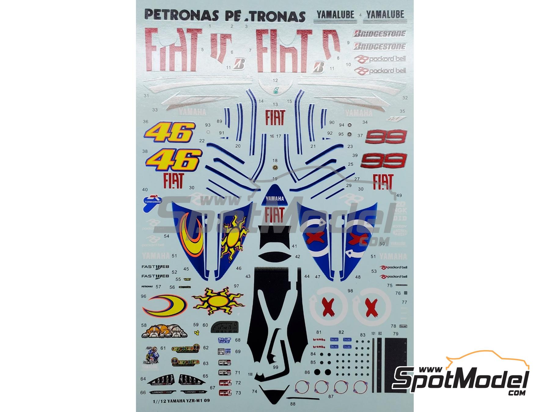 Image 1: Yamaha YZR-M1 patrocinado por Fiat, Petronas - Campeonato del Mundo de Moto GP 2009 | Decoraci&oacute;n en escala&nbsp;1/12 fabricado por Khaled Models (ref.&nbsp;MS016)