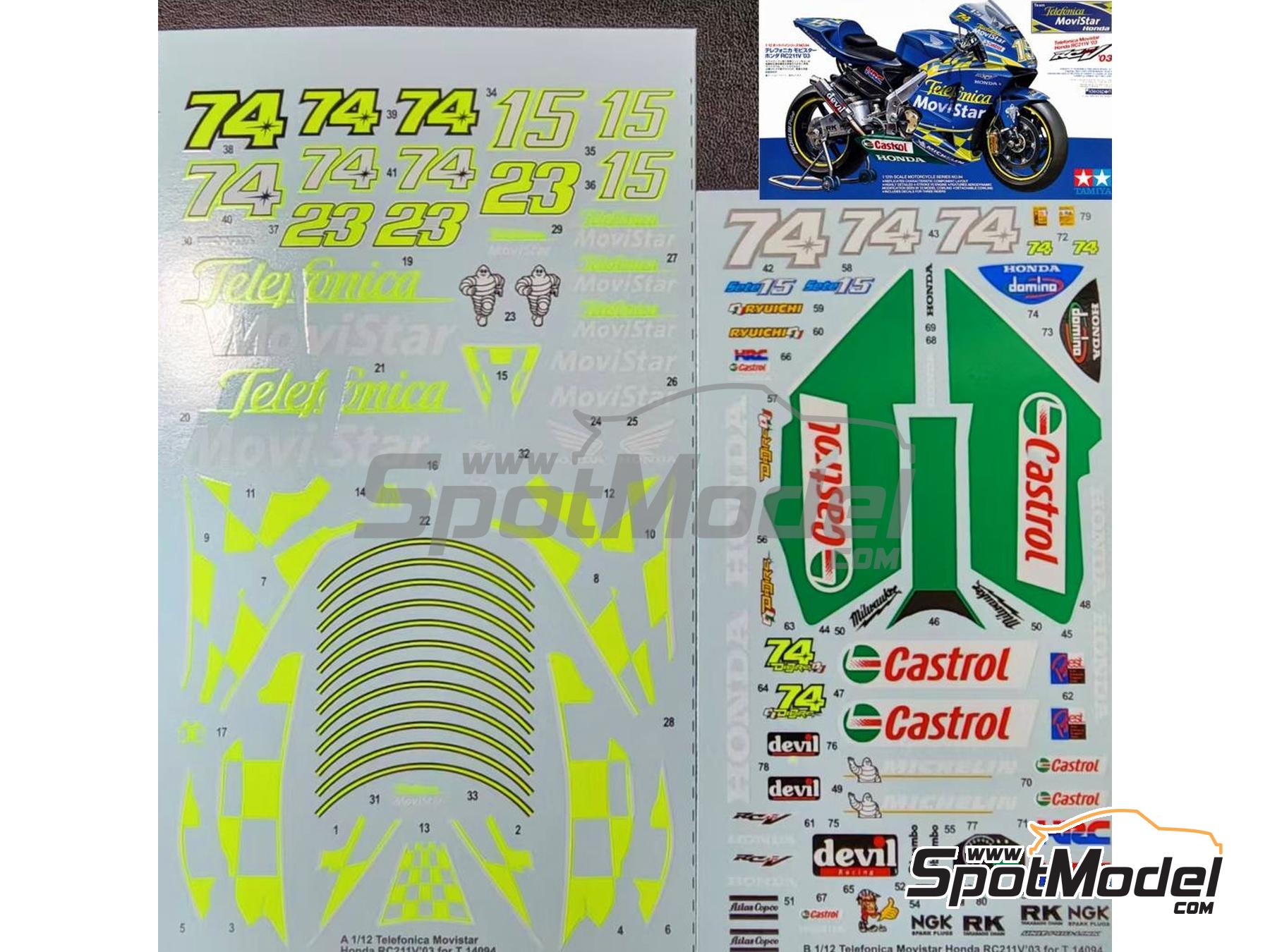 Image 1: Honda RC211V Gresini Racing Team sponsored by Telef&oacute;nica MoviStar - Moto GP World Championship 2003 | Marking / livery in 1/12 scale manufactured by Khaled Models (ref.&nbsp;MS049)