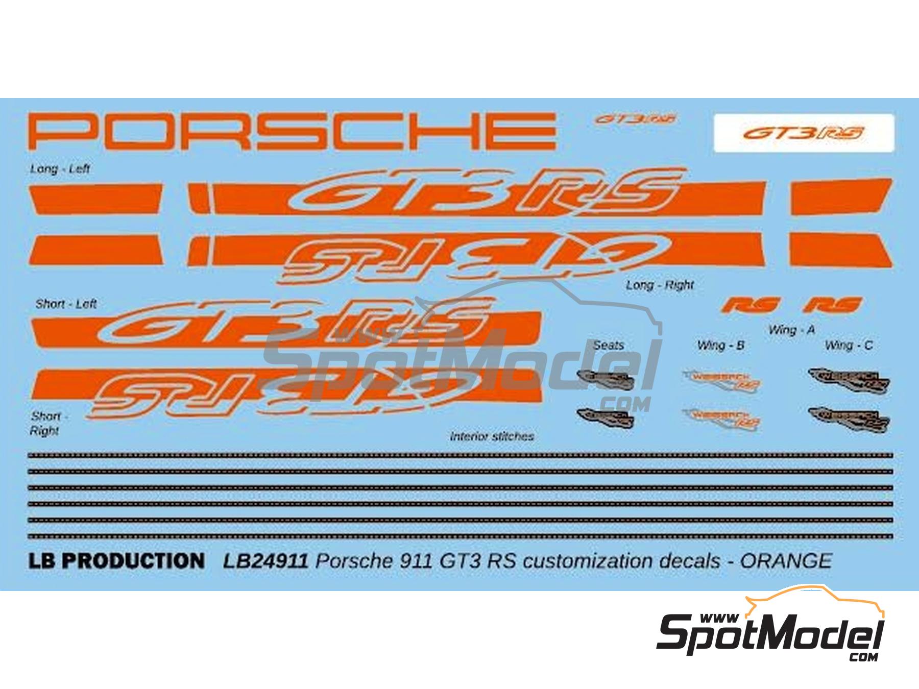 Image 1: Porsche 911 GT3 RS Orange Stripes | Decals in 1/24 scale manufactured by LB Production (ref.&nbsp;24911ORG)