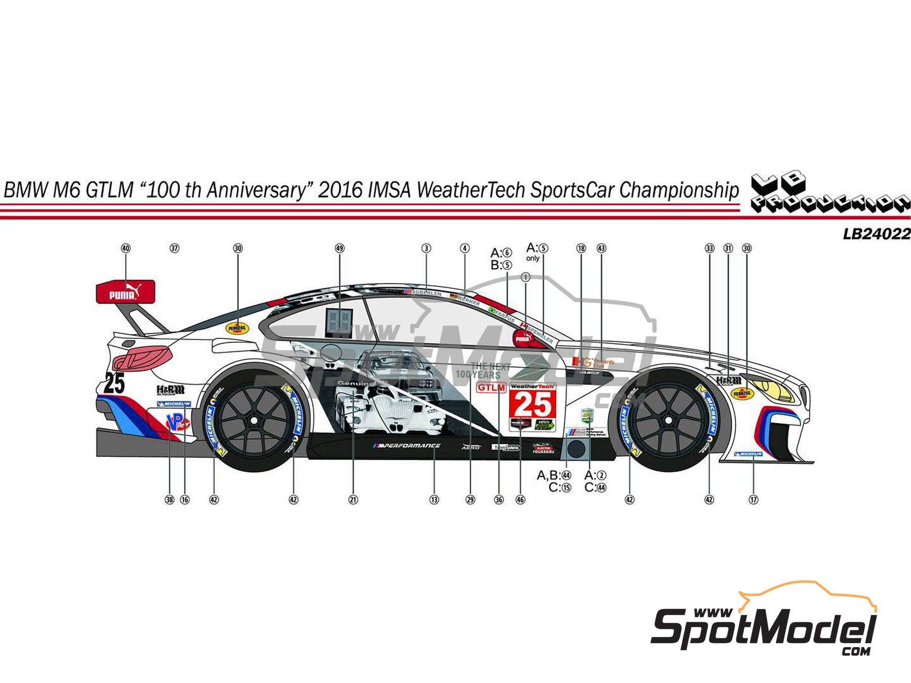 Image 1: BMW M6 GT3 patrocinado por BMW The Next 100 Years - IMSA 2016 | Decoraci&oacute;n en escala&nbsp;1/24 fabricado por LB Production (ref.&nbsp;LB-24022, tambien LB24022 y 24022)