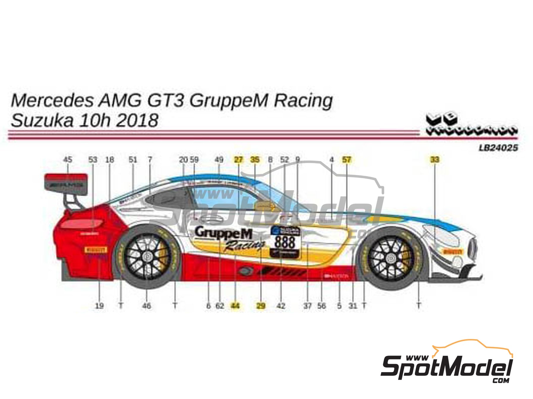 Image 1: Mercedes Benz AMG GT3 GruppeM Racing Team - Suzuka 10 Hours 2018 | Marking / livery in 1/24 scale manufactured by LB Production (ref.&nbsp;LB-24025, also LB24025 and 24025)