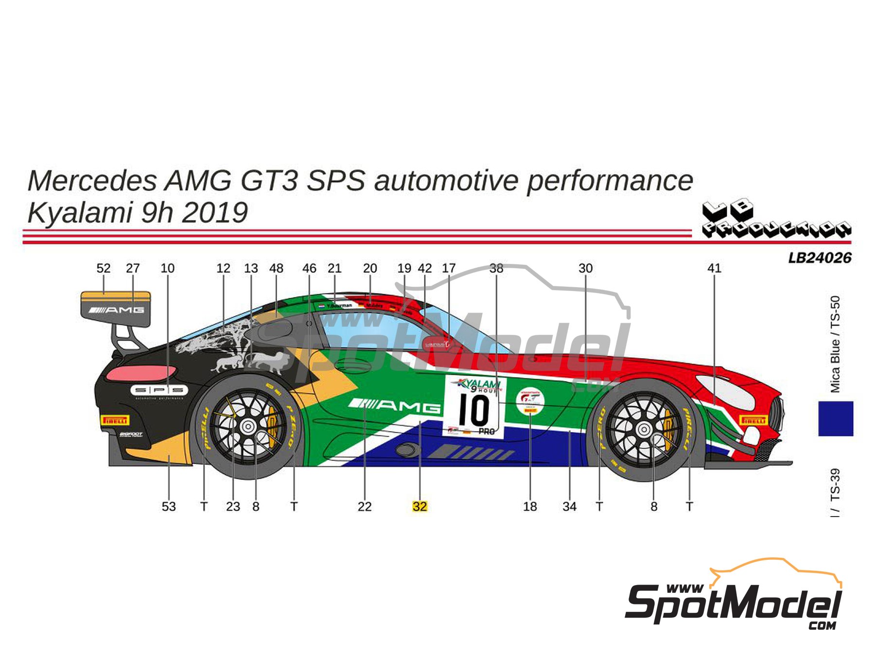 Image 1: Mercedes Benz AMG GT3 SPS Automotive Performance Team - 9 Hours Kyalami 2019 | Marking / livery in 1/24 scale manufactured by LB Production (ref.&nbsp;LB-24026, also LB24026 and 24026)