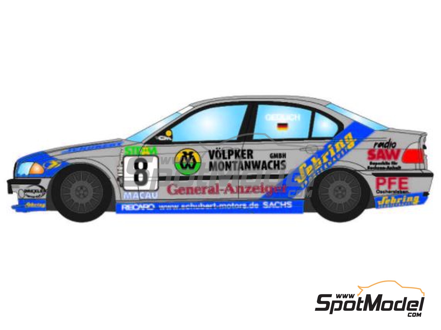 Image 5: BMW 320i E46 Equipo Schubert Motorsports patrocinado por V&ouml;lpker Montanwachs - Guia Race de Macau, Copa de Turismos de Alemania (DTC) 2001 | Decoraci&oacute;n en escala&nbsp;1/24 fabricado por LB Production (ref.&nbsp;LB-24030, tambien LB24030 y 24030)