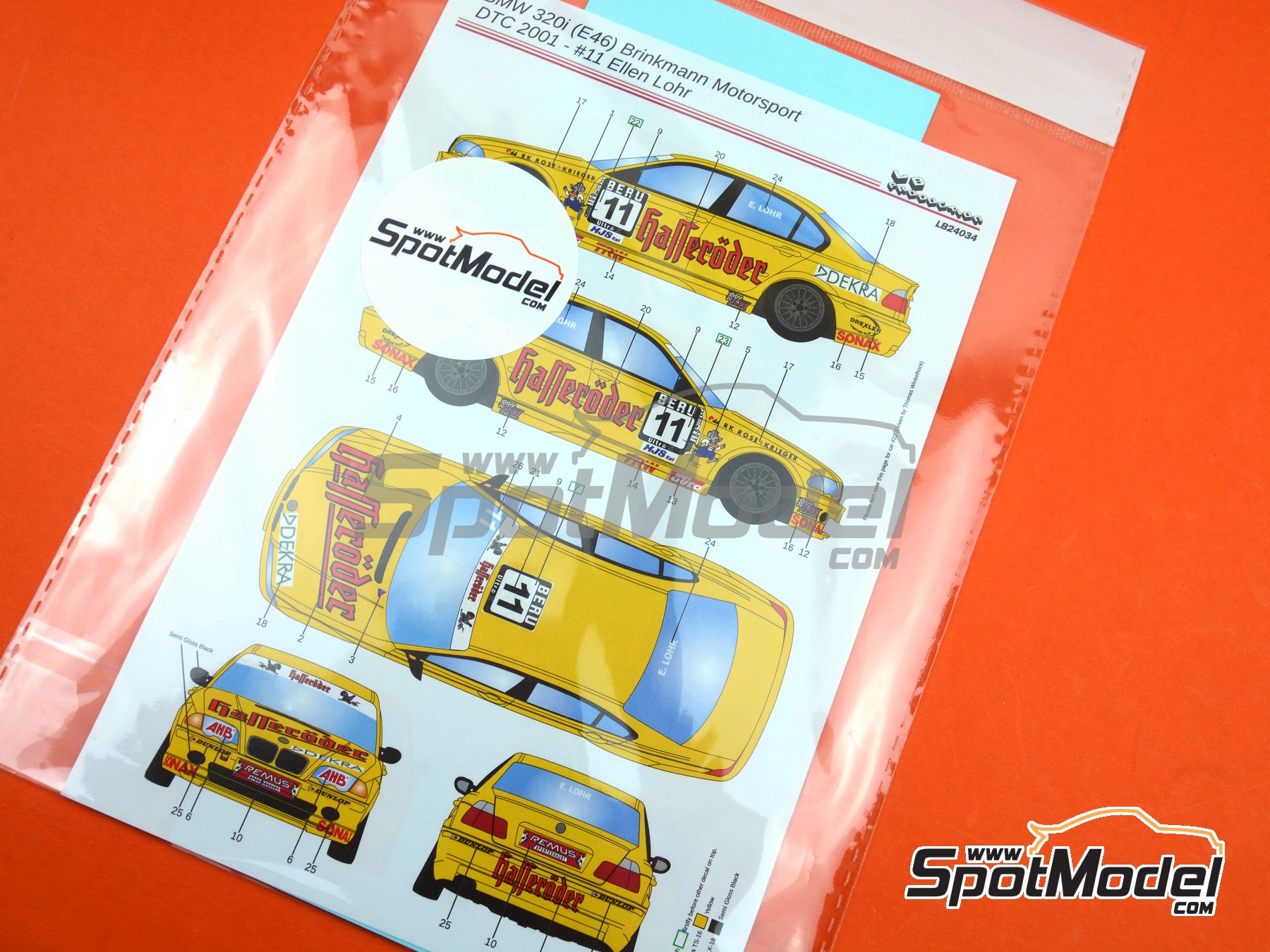 Image 5: BMW 320i E46 Brinkmann Motorsport Team sponsored by Hasser&ouml;der - DTC Deutsche Tourenwagen Cup 2001 | Marking / livery in 1/24 scale manufactured by LB Production (ref.&nbsp;LB-24034, also LB24034 and 24034)