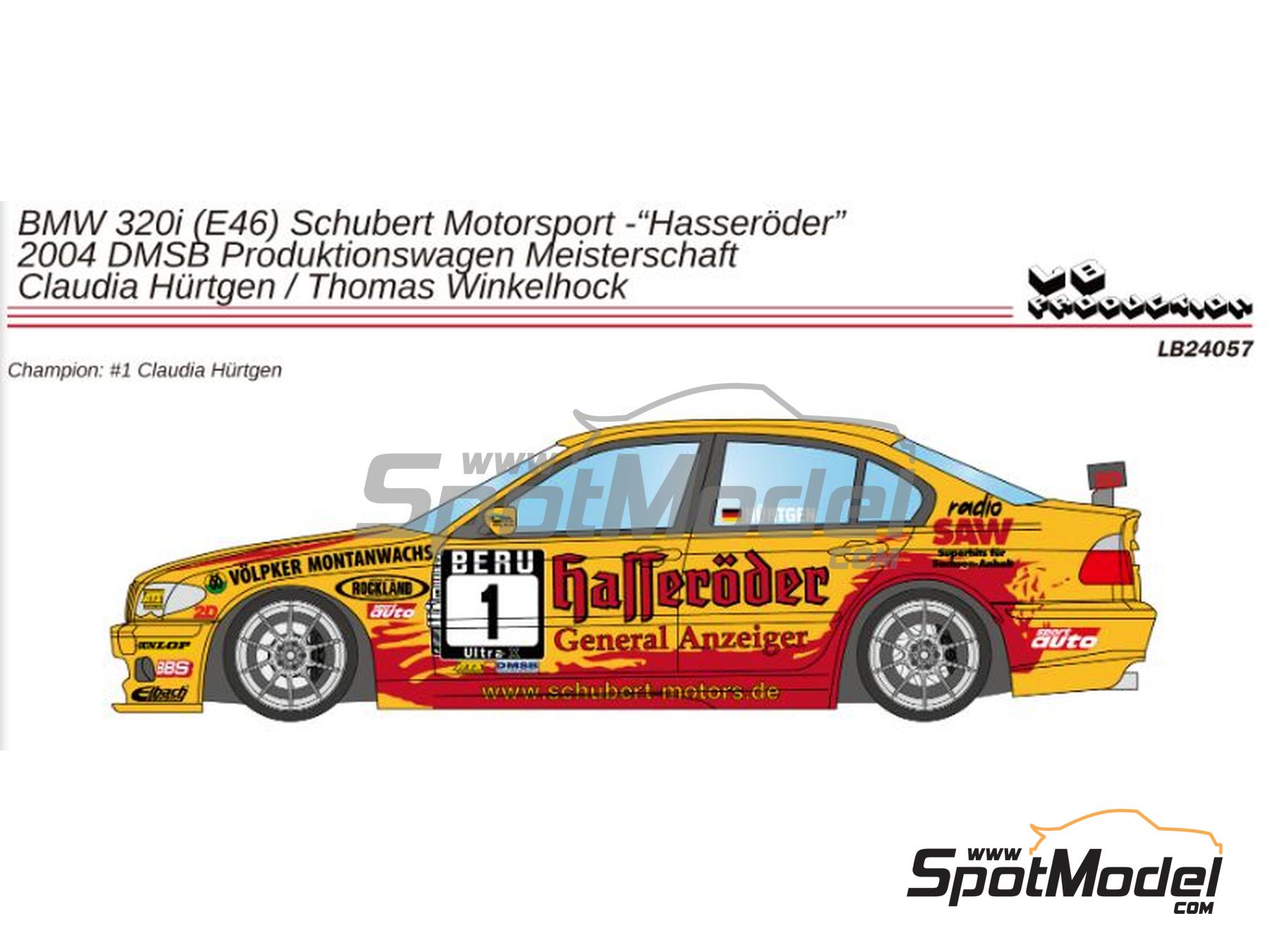Image 1: BMW 320i (E46) Schubert Motorsports Team sponsored by Hasser&ouml;der - Produktionswagen Meisterschaft (DMSB) - Production Car Championship 2004 | Marking / livery in 1/24 scale manufactured by LB Production (ref.&nbsp;LB-24057, also LB24057)