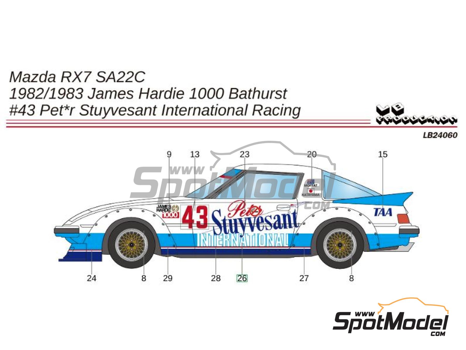 Image 1: Mazda Savanna RX-7 (SA22C) sponsored by Peter Stuyvesant - Bathurst 1000 Km 1982 and 1983 | Marking / livery in 1/24 scale manufactured by LB Production (ref.&nbsp;LB-24060, also LB24060)