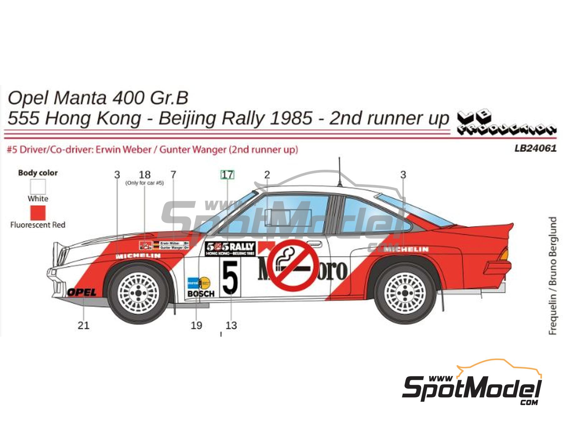 Image 1: Opel Manta 400 Opel Europe Team sponsored by Marlboro - Hong Kong - Beijing Rally 1985 | Marking / livery in 1/24 scale manufactured by LB Production (ref.&nbsp;LB-24061, also LB24061)