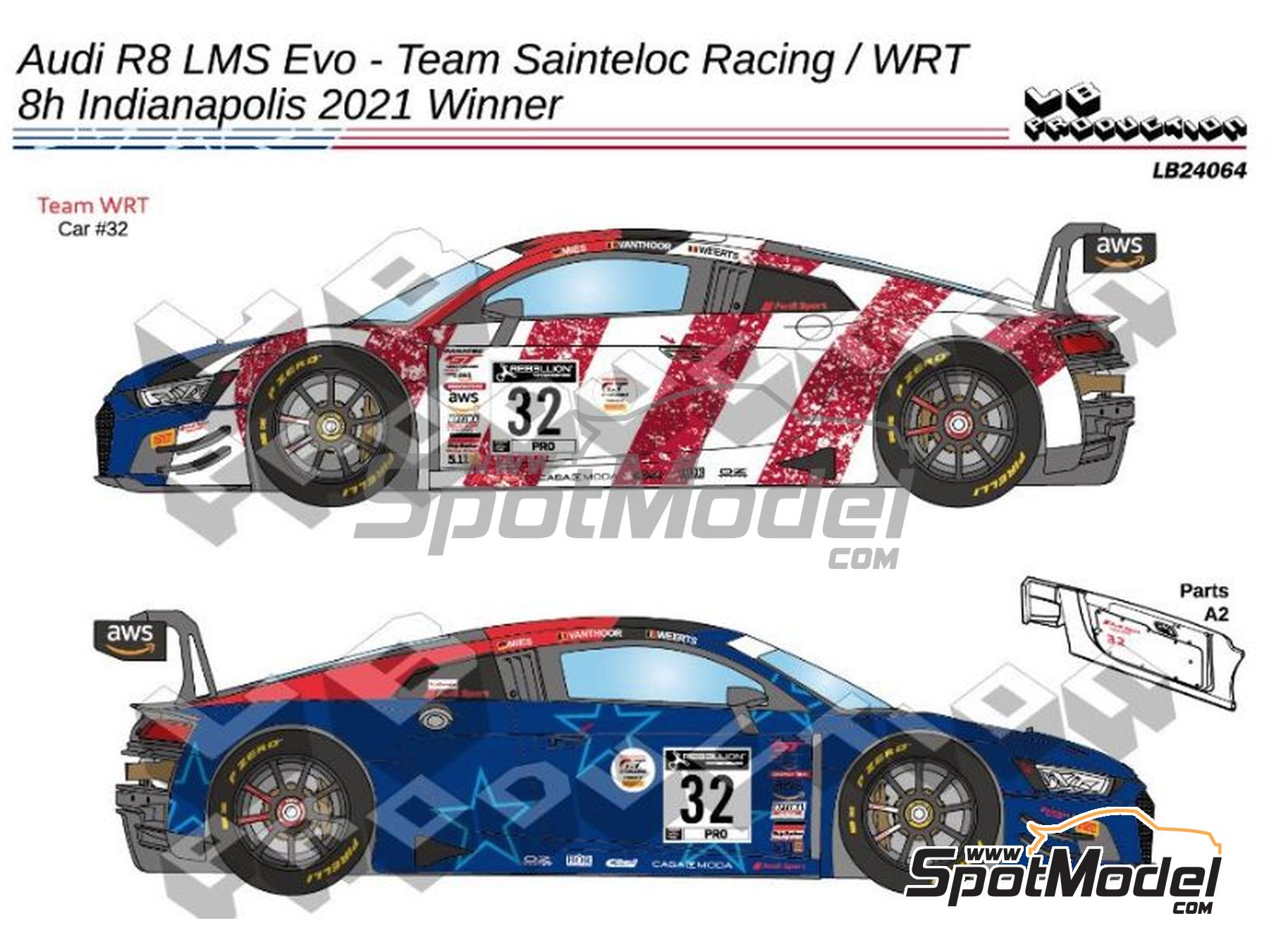 Image 1: Audi R8 LMS GT3 Evo Equipo Audi Sport Sainteloc Racing / WRT - Intercontinental GT Challenge, 8 Horas de Indianapolis 2021 | Decoraci&oacute;n en escala&nbsp;1/24 fabricado por LB Production (ref.&nbsp;LB-24064, tambien LB24064)