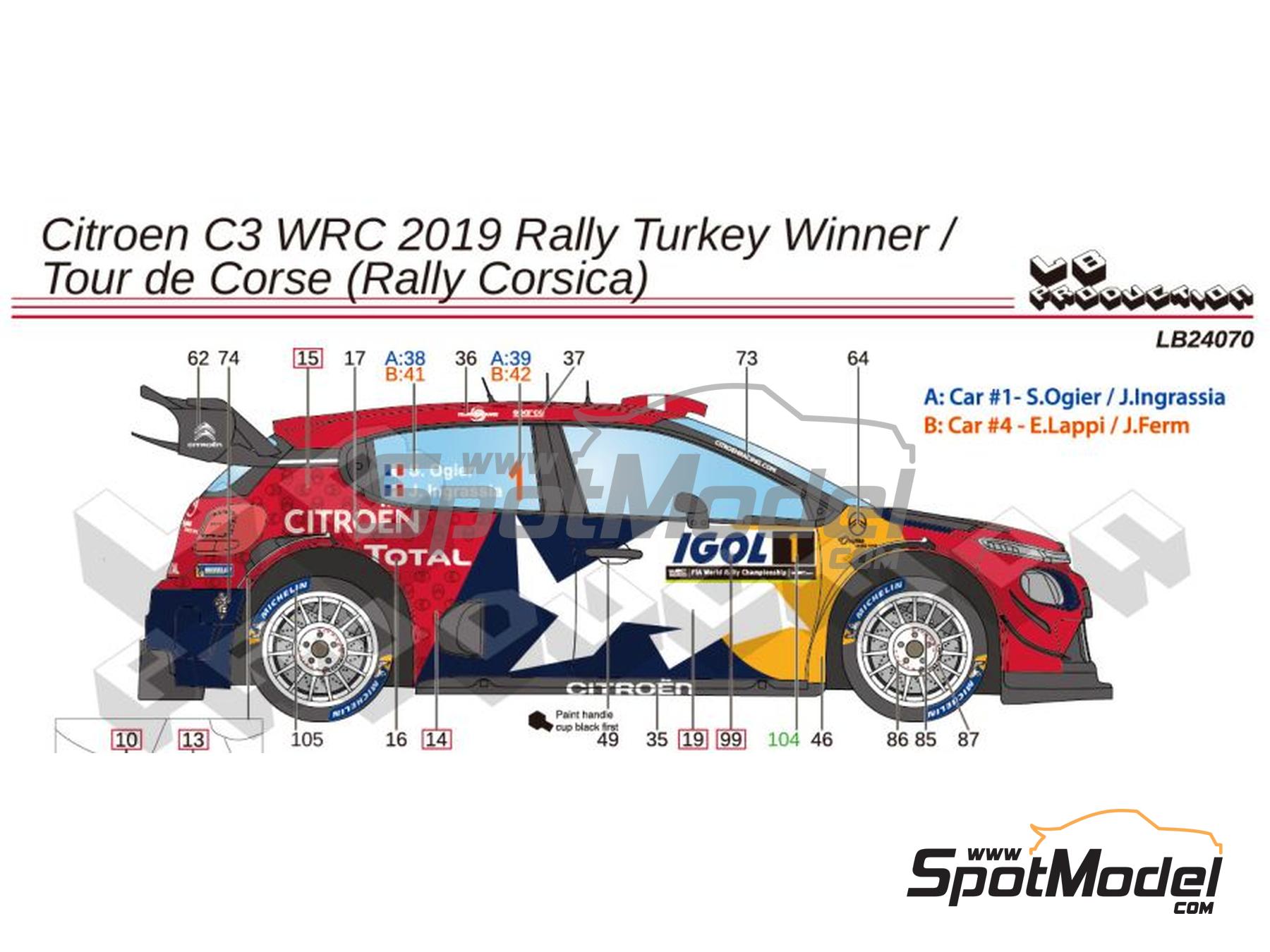Image 1: Citroen C3 WRC Equipo Citro&euml;n Total WRT patrocinado por RB - Rally de Turquia, Rally de C&oacute;rcega - Corsica Linea Tour de Corse - Rallye de France 2019 | Decoraci&oacute;n en escala&nbsp;1/24 fabricado por LB Production (ref.&nbsp;LB-24070, tambien LB24070)