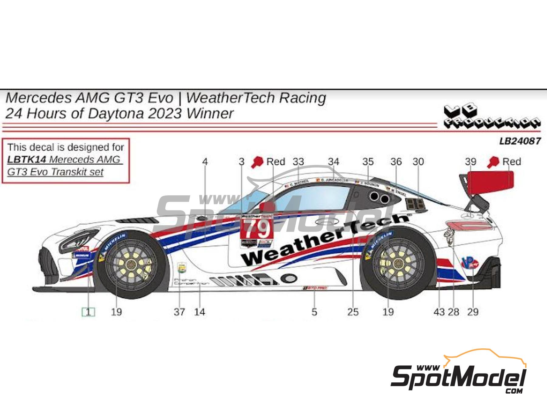 Image 1: Mercedes Benz AMG GT3 Evo sponsored by WeatherTech - 24 Hours of Daytona 2023 | Marking / livery in 1/24 scale manufactured by LB Production (ref. LB-24087, also LB24087)