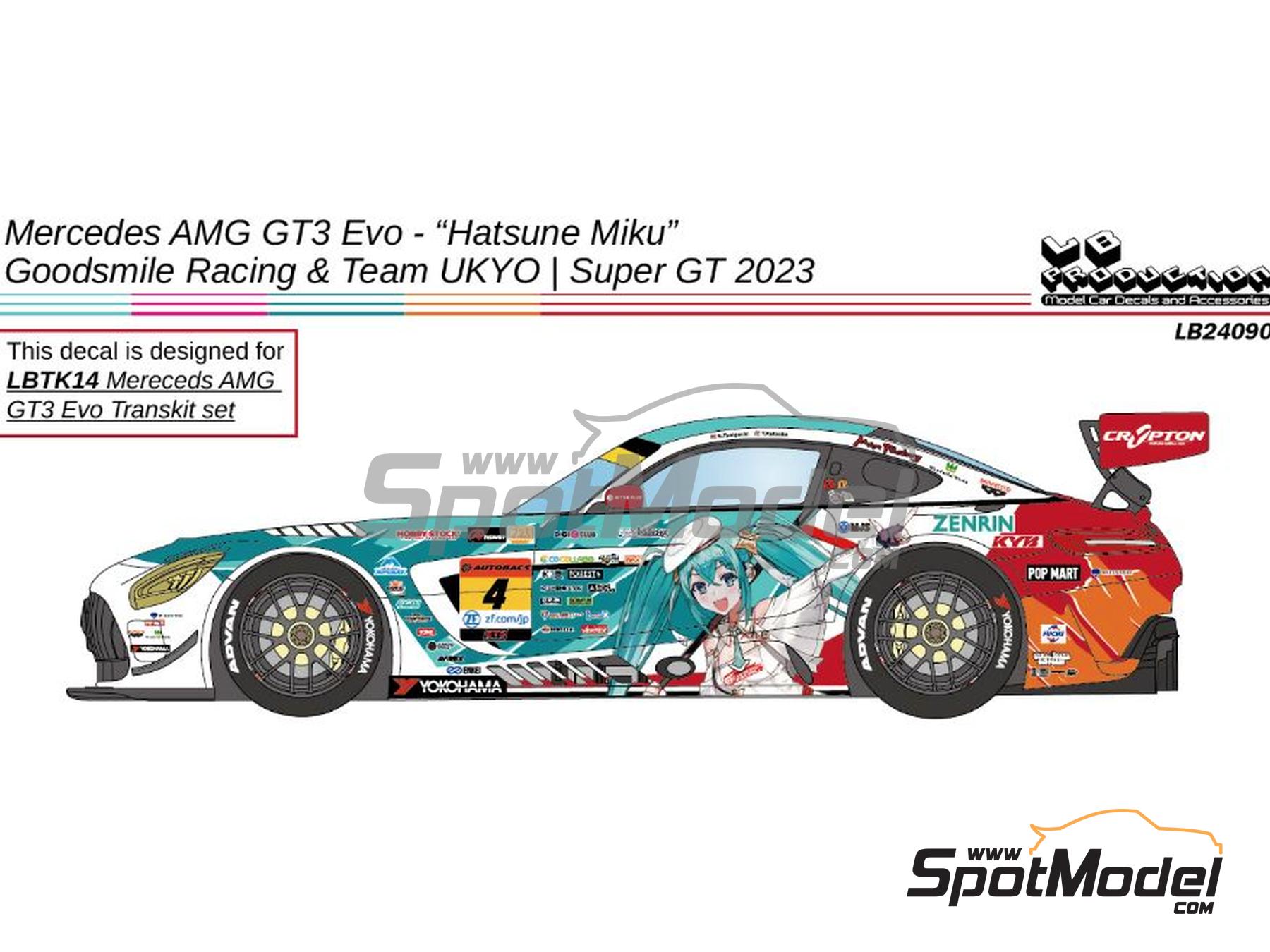 Image 1: Mercedes Benz AMG GT3 Evo Goodsmile Racing Team sponsored by Hatsune Miku - Autobacs Super GT Series 2023 | Marking / livery in 1/24 scale manufactured by LB Production (ref.&nbsp;LB-24090, also LB24090)