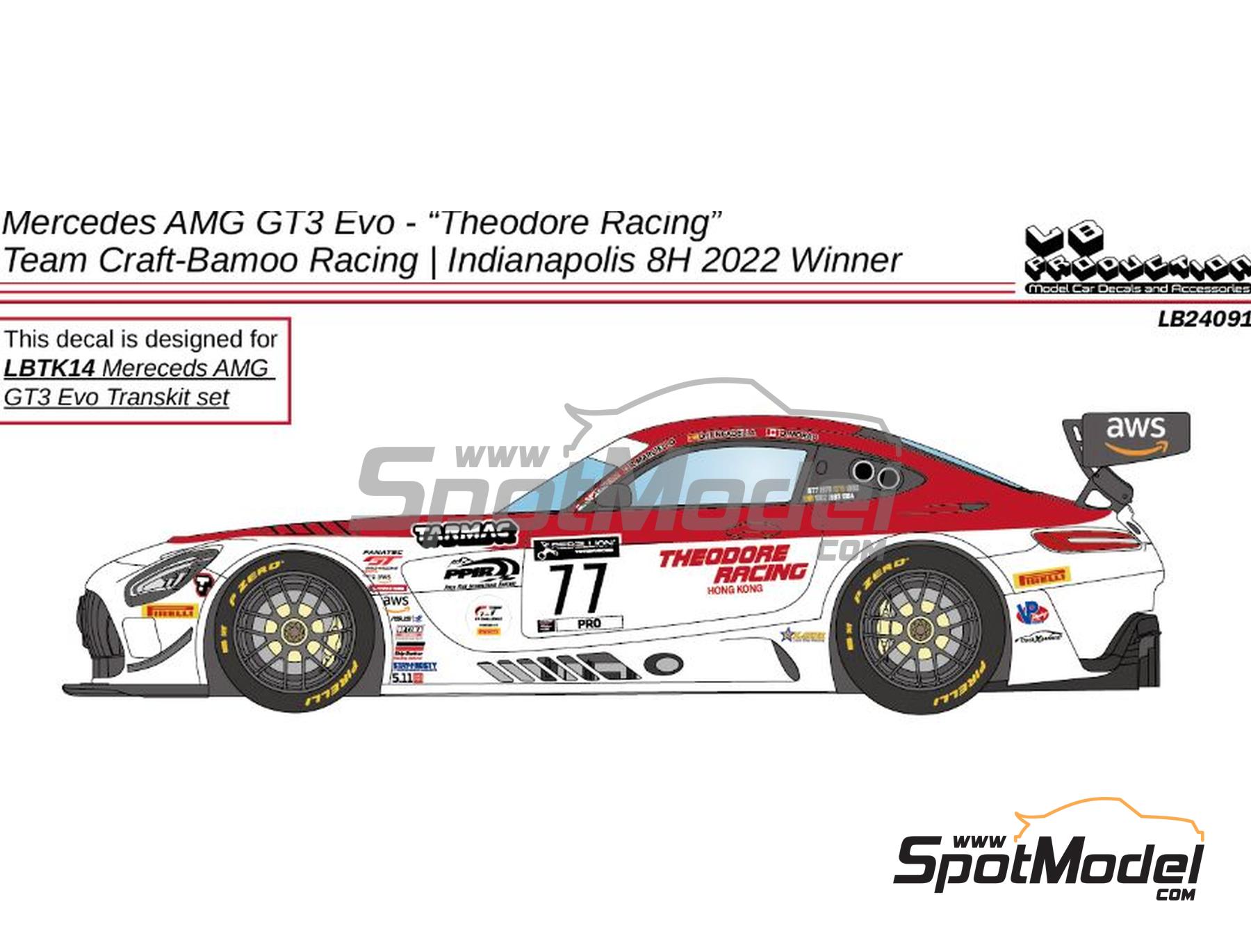 Image 1: Mercedes Benz AMG GT3 Evo Craft Bamboo Racing Team sponsored by Theodore Racing - Indianapolis 8 Hour 2022 | Marking / livery in 1/24 scale manufactured by LB Production (ref.&nbsp;LB-24091, also LB24091)