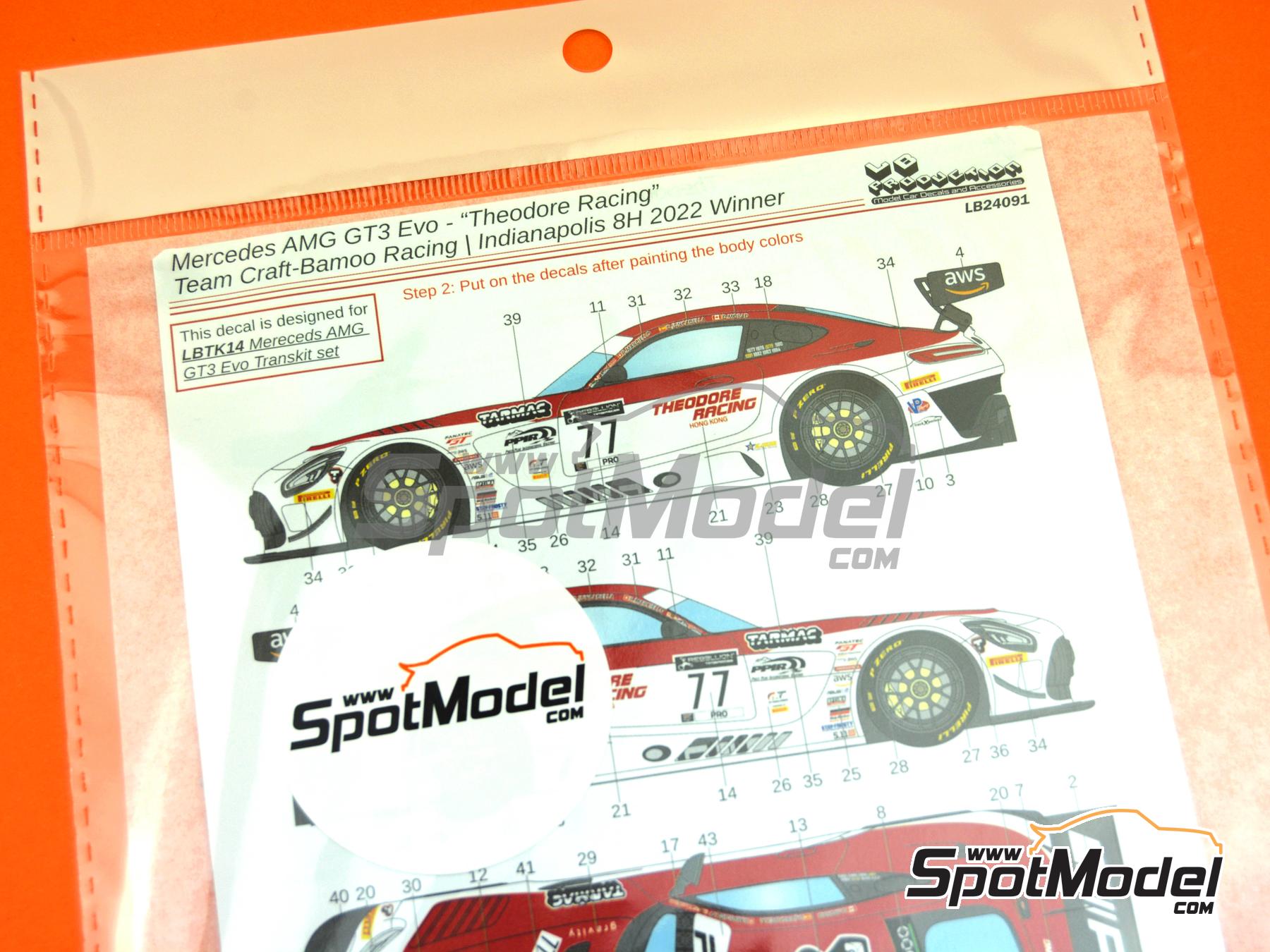 Image 5: Mercedes Benz AMG GT3 Evo Craft Bamboo Racing Team sponsored by Theodore Racing - Indianapolis 8 Hour 2022 | Marking / livery in 1/24 scale manufactured by LB Production (ref.&nbsp;LB-24091, also LB24091)