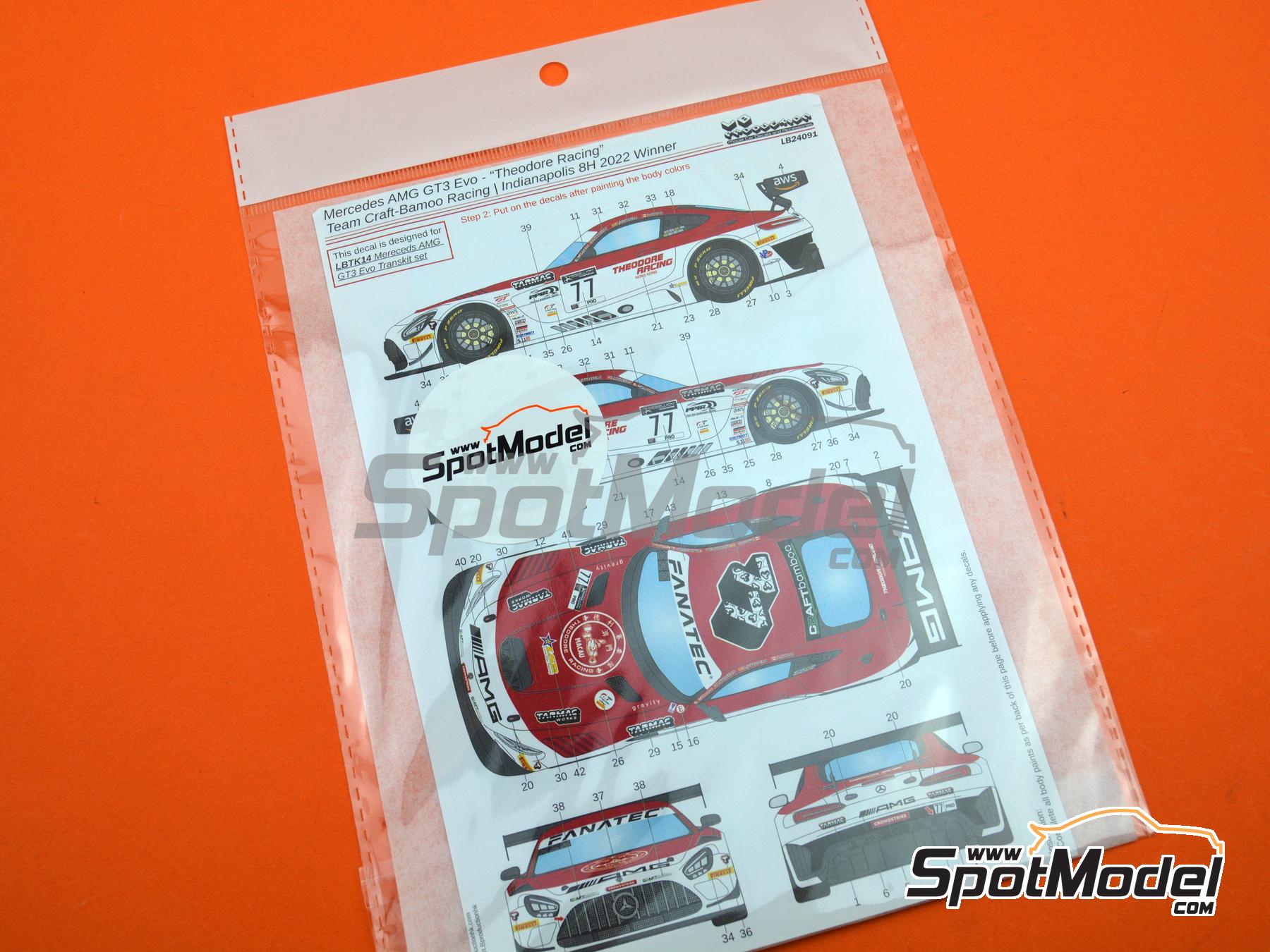 Image 8: Mercedes Benz AMG GT3 Evo Craft Bamboo Racing Team sponsored by Theodore Racing - Indianapolis 8 Hour 2022 | Marking / livery in 1/24 scale manufactured by LB Production (ref.&nbsp;LB-24091, also LB24091)