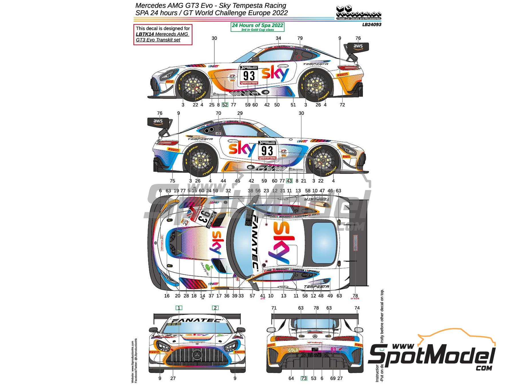 Image 5: Mercedes Benz AMG GT3 Evo Tempesta Racing by HRT Team sponsored by Sky - GT World Challenge Europe , TotalEnergies 24 hours of Spa 2022 | Marking / livery in 1/24 scale manufactured by LB Production (ref.&nbsp;LB-24093, also LB24093)