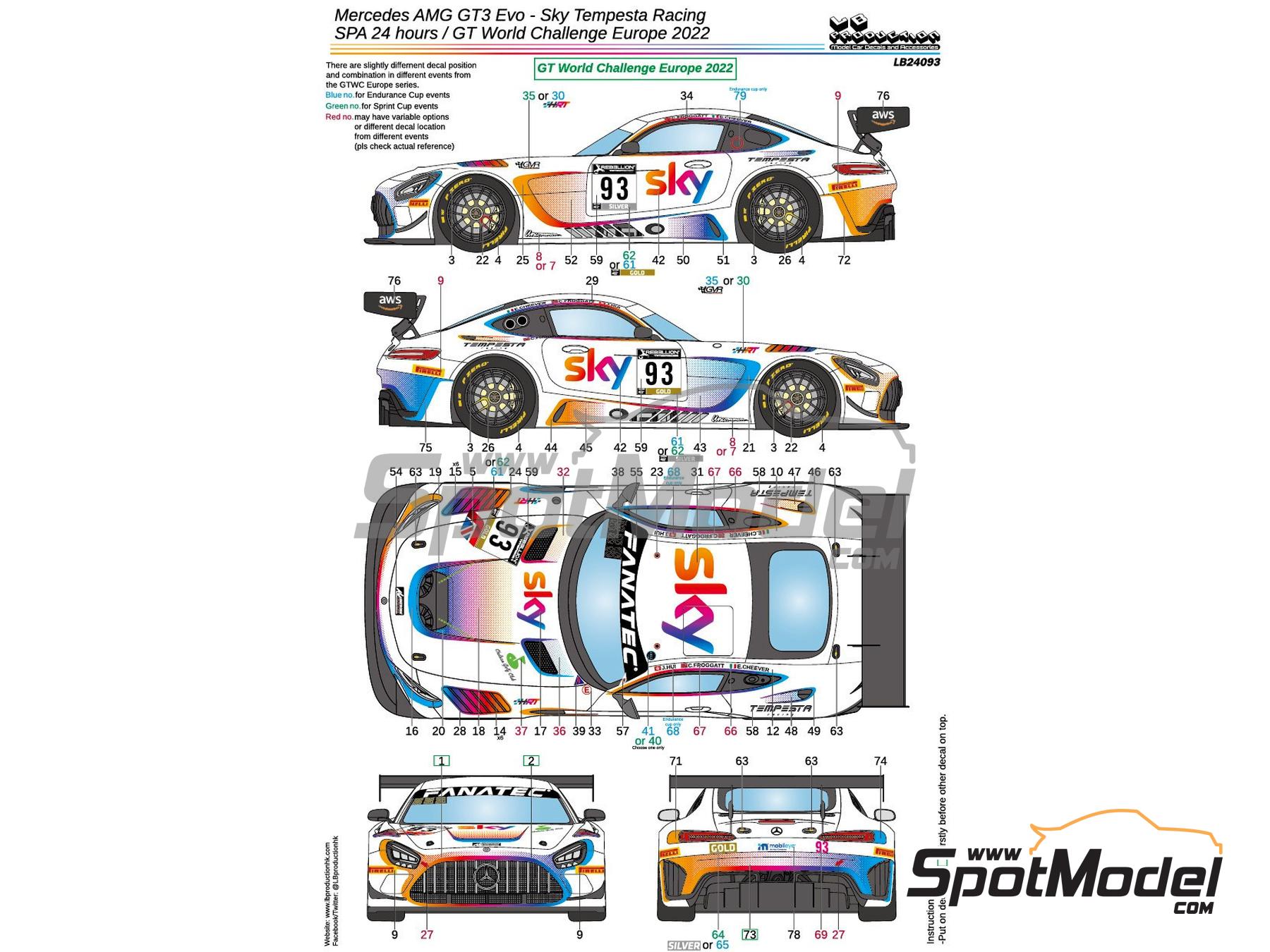 Image 6: Mercedes Benz AMG GT3 Evo Tempesta Racing by HRT Team sponsored by Sky - GT World Challenge Europe , TotalEnergies 24 hours of Spa 2022 | Marking / livery in 1/24 scale manufactured by LB Production (ref.&nbsp;LB-24093, also LB24093)
