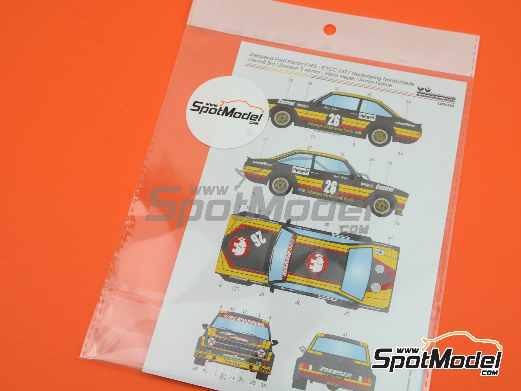 Image 7: Ford Escort MK II RS 1800 Equipo Zakspeed patrocinado por Mampe - Campeonato Europeo de Turismos ETCC N&uuml;rburgring 1977 | Decoraci&oacute;n en escala&nbsp;1/24 fabricado por LB Production (ref.&nbsp;LB-24101, tambien LB24101)