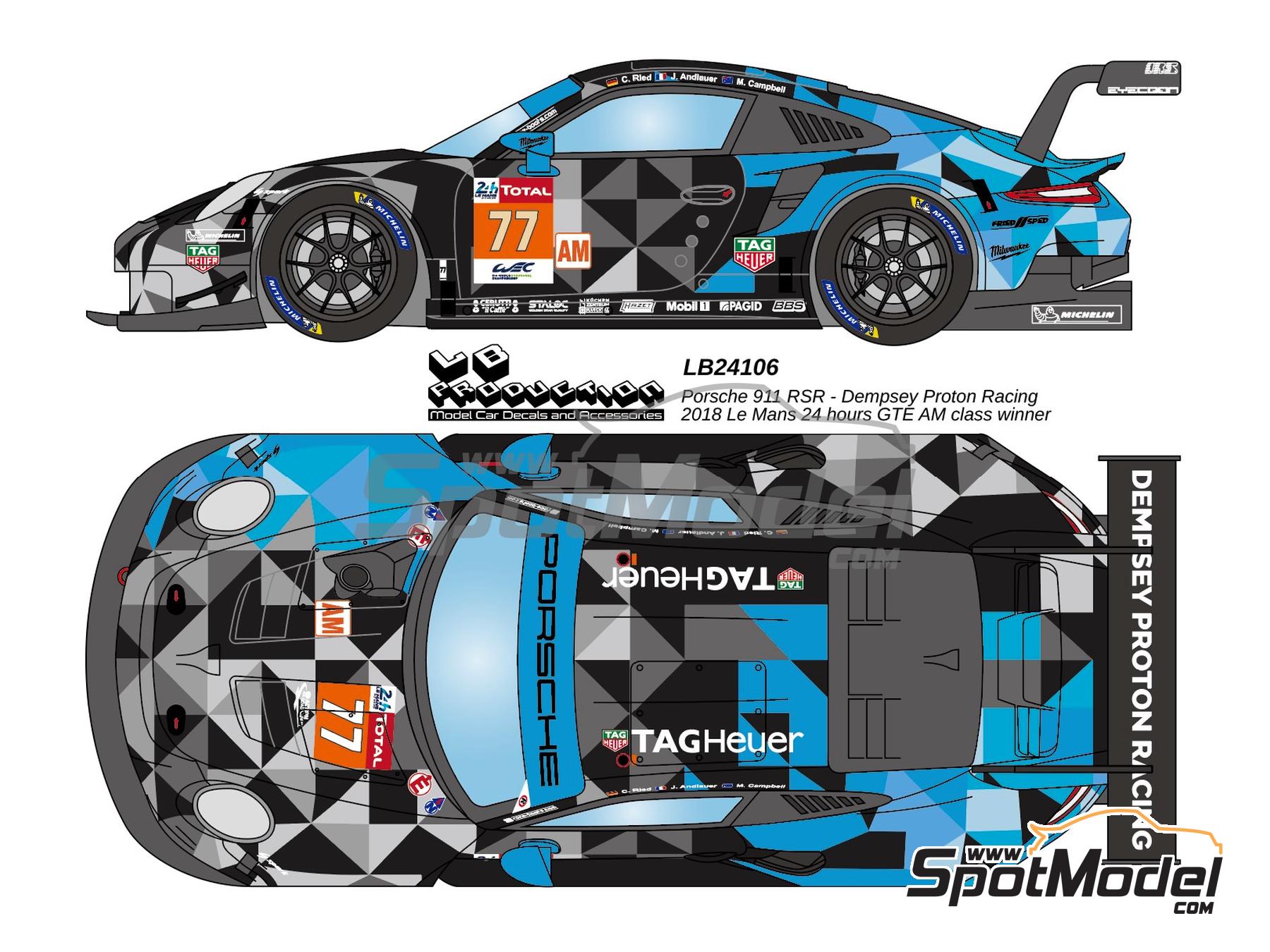 Image 1: Porsche 911 RSR GT3 Dempsey Proton Racing Team sponsored by Tag Heuer - 24 Hours Le Mans 2018 | Marking / livery in 1/24 scale manufactured by LB Production (ref. LB-24106, also LB24106)
