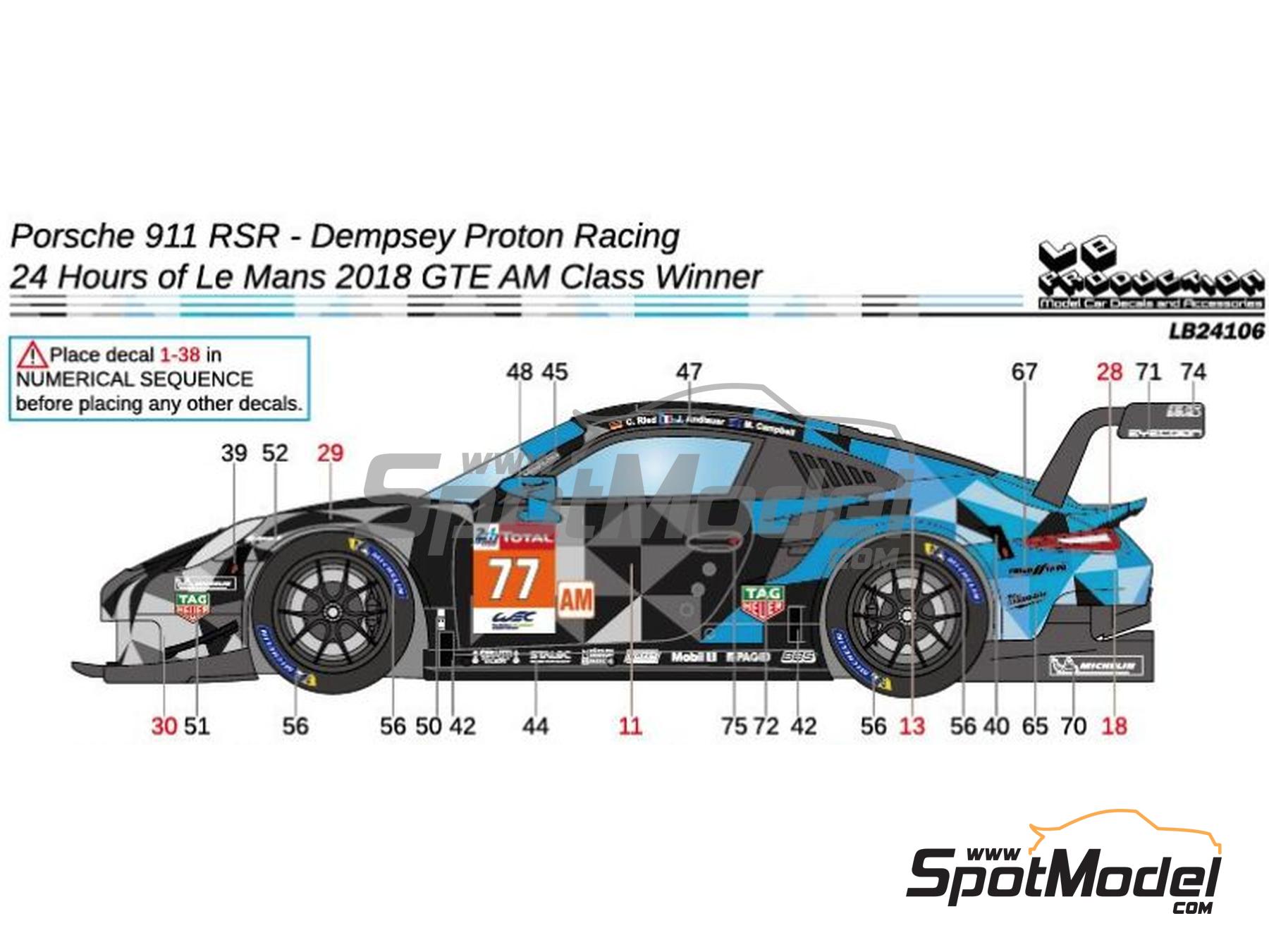 Image 2: Porsche 911 RSR GT3 Dempsey Proton Racing Team sponsored by Tag Heuer - 24 Hours Le Mans 2018 | Marking / livery in 1/24 scale manufactured by LB Production (ref. LB-24106, also LB24106)