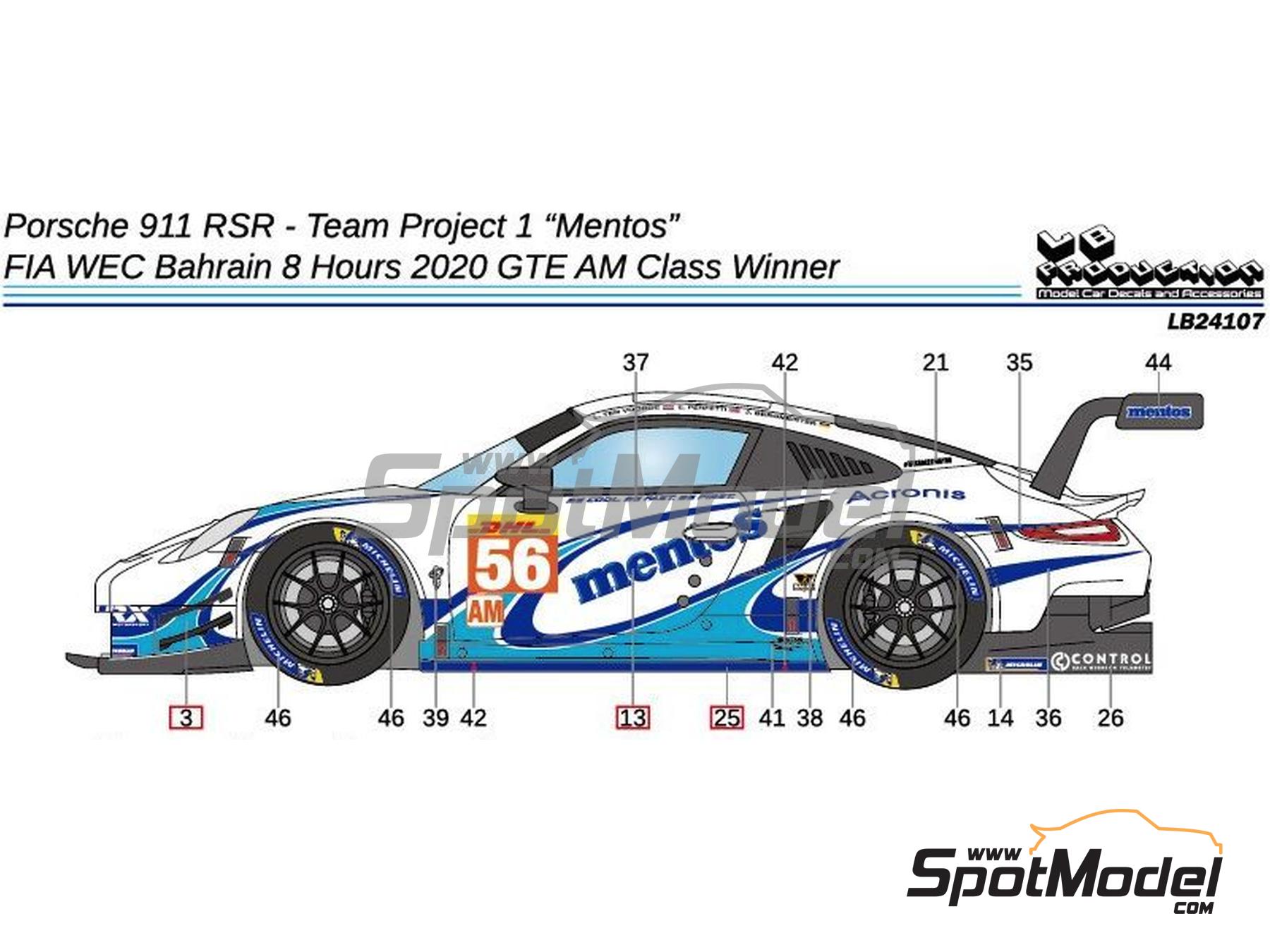 Image 1: Porsche 911 RSR GT3 Project 1 Team sponsored by Mentos - FIA WEC Bahrain 8 Hours 2020 | Marking / livery in 1/24 scale manufactured by LB Production (ref. LB-24107, also LB24107)