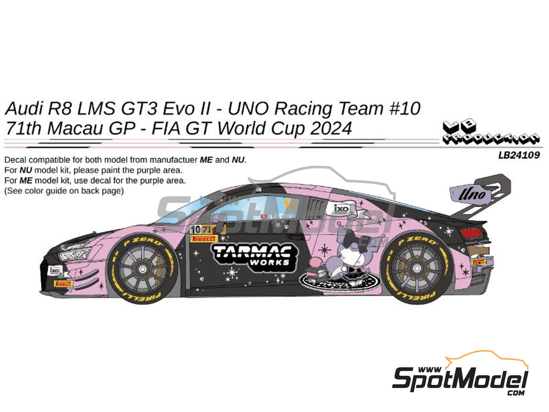 Image 1: Audi R8 LMS GT3 Evo II UNO Racing Team sponsored by Tarmac Works - Macau FIA GT World Cup Championship 2024 | Marking / livery in 1/24 scale manufactured by LB Production (ref.&nbsp;LB-24109, also LB24109)