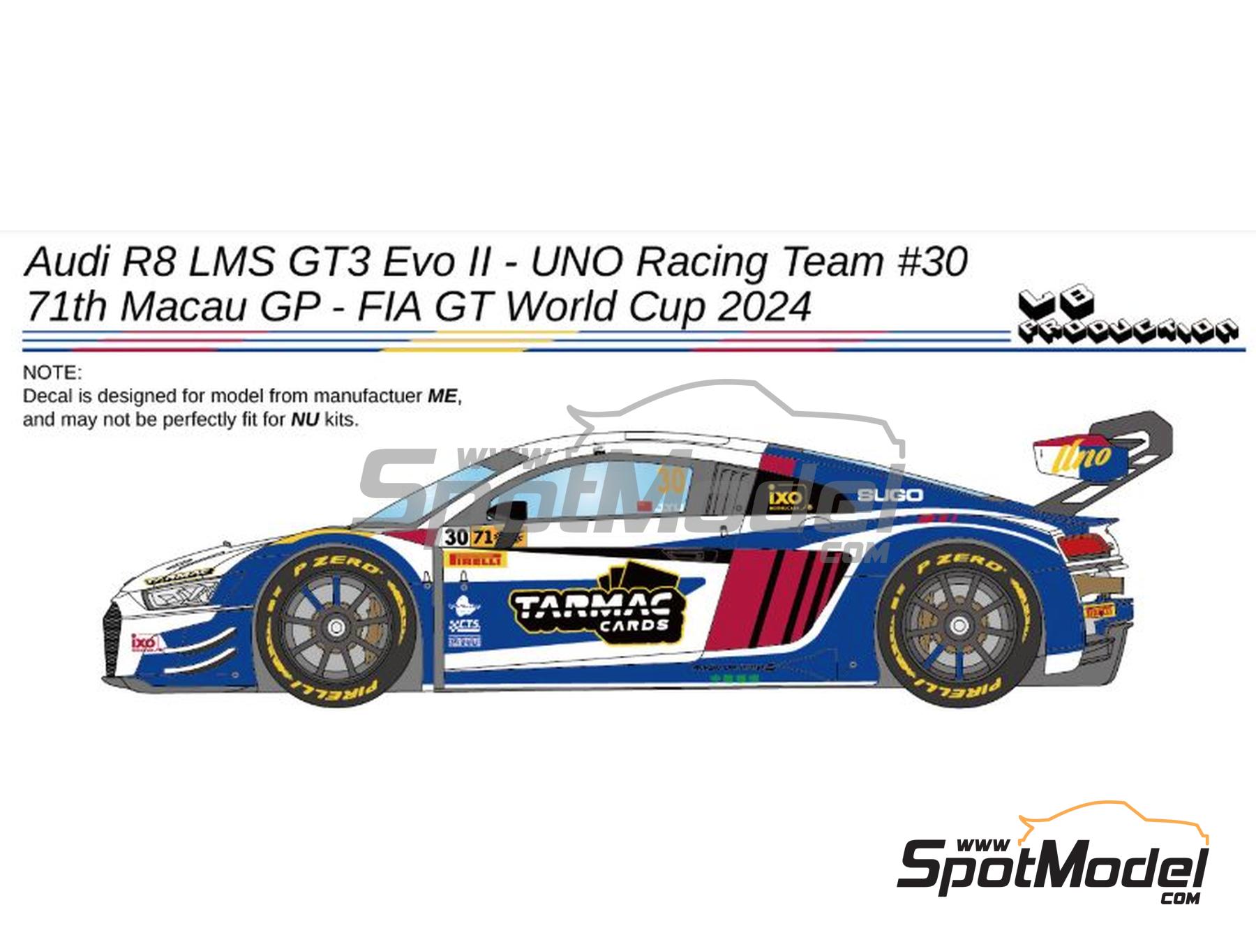 Image 1: Audi R8 LMS GT3 Evo II UNO Racing Team sponsored by Tarmac Works - Macau FIA GT World Cup Championship 2024 | Marking / livery in 1/24 scale manufactured by LB Production (ref.&nbsp;LB-24110, also LB24110)