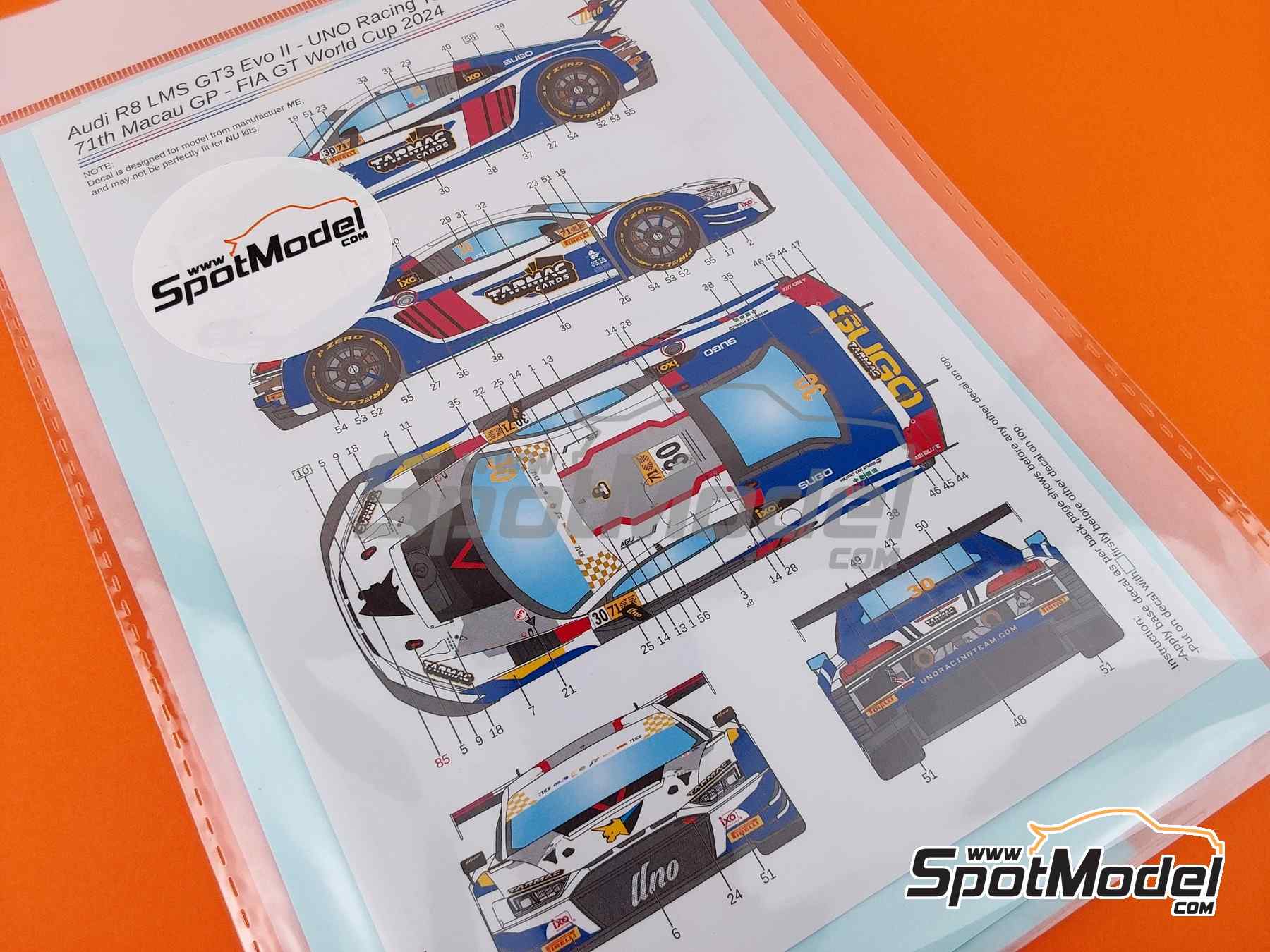 Image 5: Audi R8 LMS GT3 Evo II UNO Racing Team sponsored by Tarmac Works - Macau FIA GT World Cup Championship 2024 | Marking / livery in 1/24 scale manufactured by LB Production (ref.&nbsp;LB-24110, also LB24110)