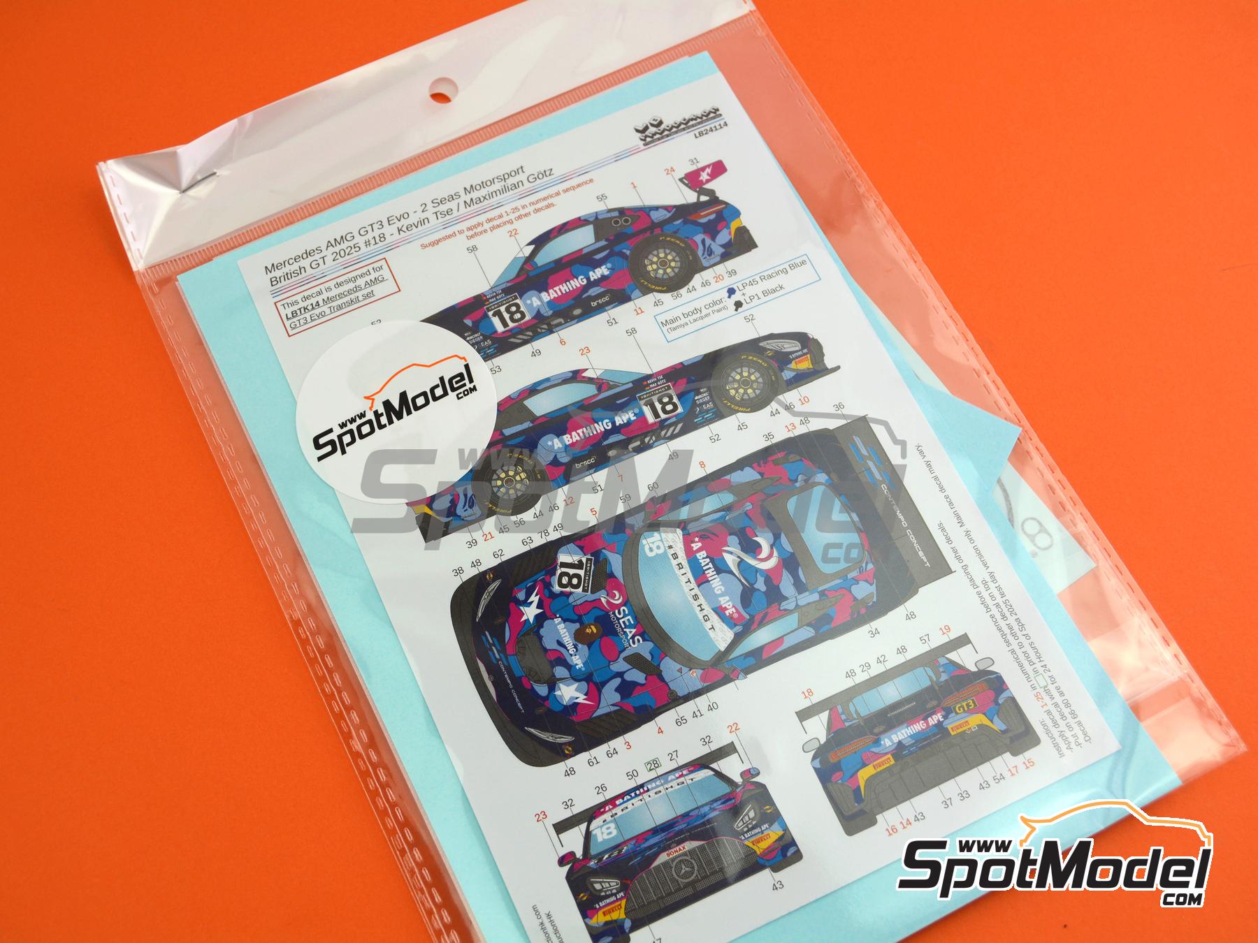 Image 6: Mercedes Benz AMG GT3 Evo Equipo 2 Seas Motorsport patrocinado por A Bathing APE - Total 24 Horas de SPA Jornada de Test, Campeonato Brit&aacute;nico de GTs 2025 | Decoraci&oacute;n en escala&nbsp;1/24 fabricado por LB Production (ref.&nbsp;LB-24114, tambien LB24114)