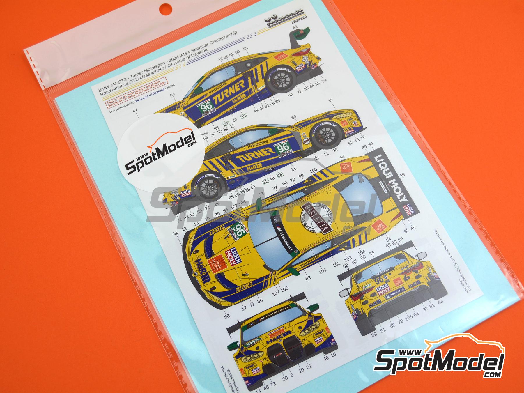 Image 6: BMW M4 GT3 Equipo Turner Motorsport patrocinado por H&R - 24 Horas de Daytona, Campeonato IMSA WeatherTech SportsCar 2024 | Decoraci&oacute;n en escala&nbsp;1/24 fabricado por LB Production (ref.&nbsp;LB-24120, tambien LB24120)