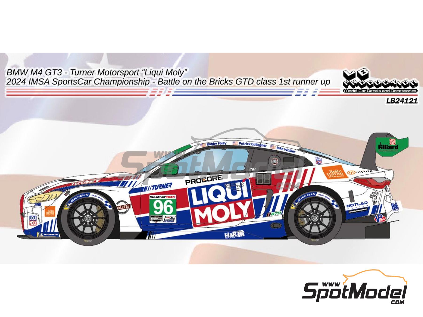 Image 1: BMW M4 GT3 Equipo Turner Motorsport patrocinado por Liqui Molly - Campeonato IMSA WeatherTech SportsCar 2024 | Decoraci&oacute;n en escala&nbsp;1/24 fabricado por LB Production (ref.&nbsp;LB-24121, tambien LB24121)
