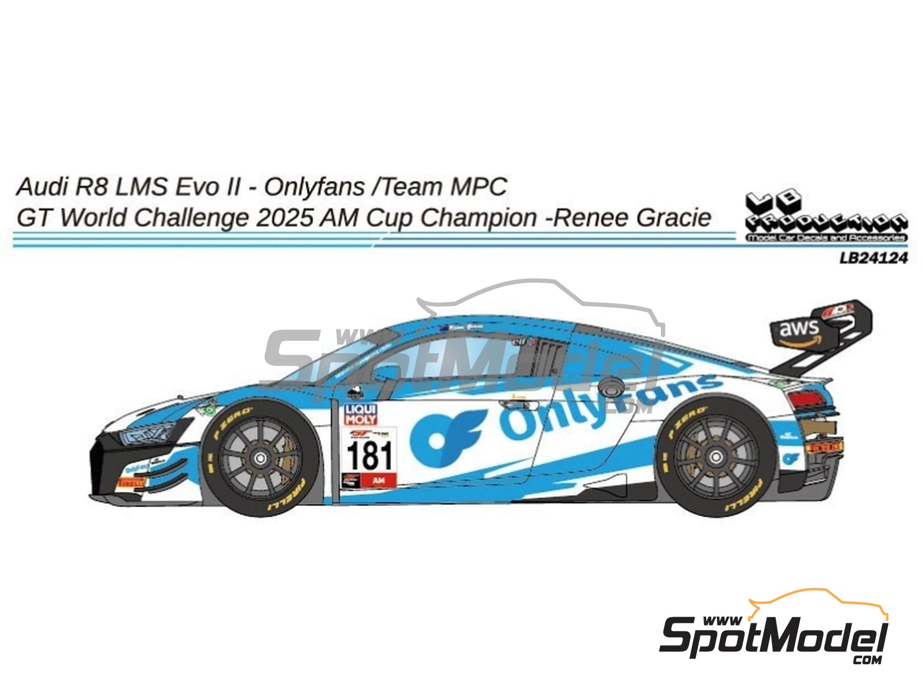 Image 1: Audi R8 LMS GT3 Evo II Equipo Melbourne Performance Centre patrocinado por Only Fans - GT World Challenge Australia 2025 | Decoraci&oacute;n en escala&nbsp;1/24 fabricado por LB Production (ref.&nbsp;LB-24124, tambien LB24124)