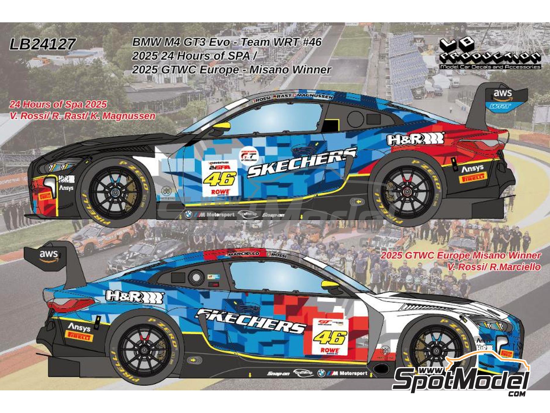 Image 1: BMW M4 GT3 Evo WRT Team sponsored by Skechers, H&R - GT World Challenge Europe , CrowdStrike 24 Hours of Spa 2025 | Marking / livery in 1/24 scale manufactured by LB Production (ref.&nbsp;LB-24127, also LB24127)