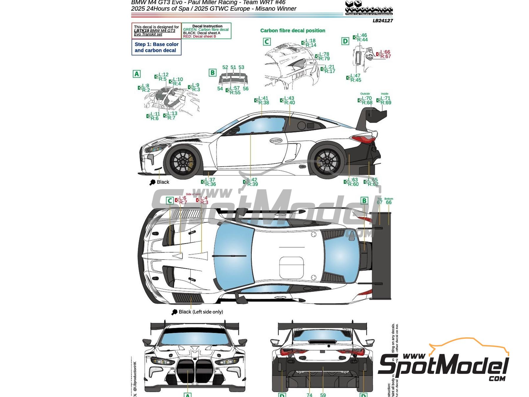 Image 6: BMW M4 GT3 Evo WRT Team sponsored by Skechers, H&R - GT World Challenge Europe , CrowdStrike 24 Hours of Spa 2025 | Marking / livery in 1/24 scale manufactured by LB Production (ref.&nbsp;LB-24127, also LB24127)