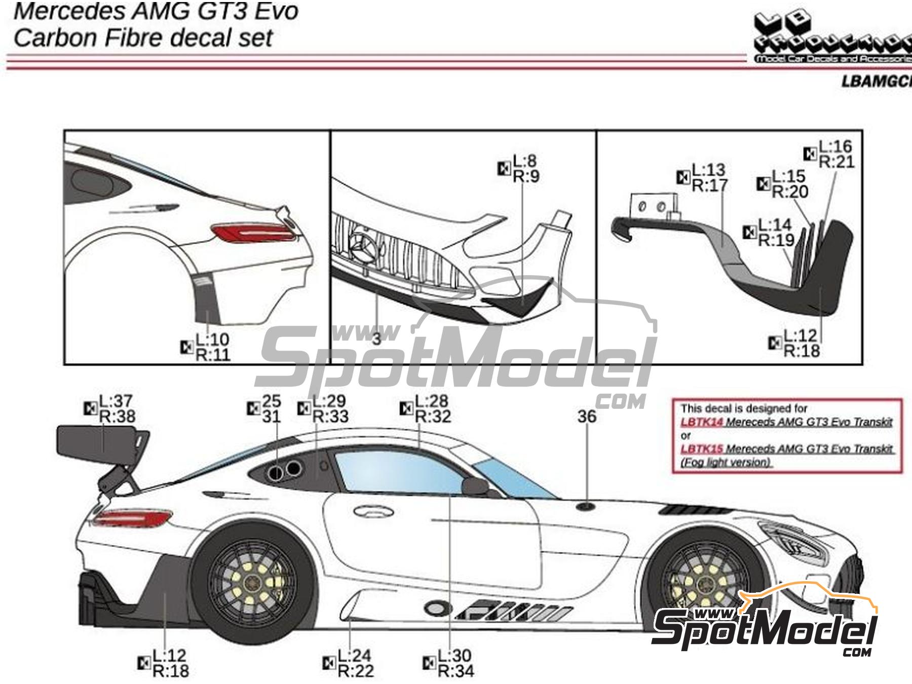 Image 1: Mercedes AMG GT3 Evo | Carbon fibre pattern decal set in 1/24 scale manufactured by LB Production (ref.&nbsp;LB-AMGCF, also LBAMGCF)