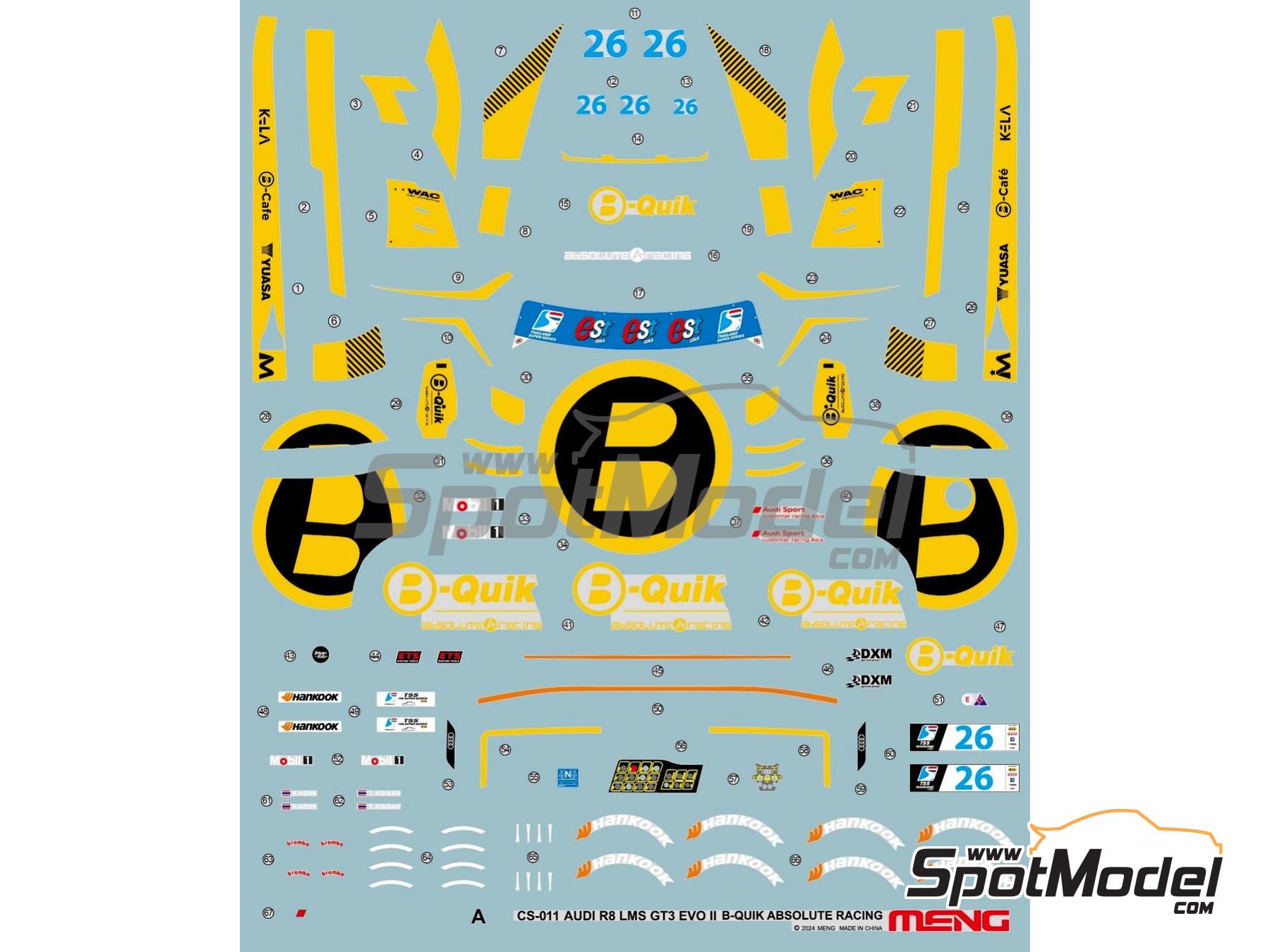 Image 2: Audi R8 LMS GT3 Evo II Absolute Racing Team sponsored by B-Quick - TSS Thailand Super Series 2024 | Car scale model kit in 1/24 scale manufactured by Meng Model (ref. CS-011, also 4897038554089)
