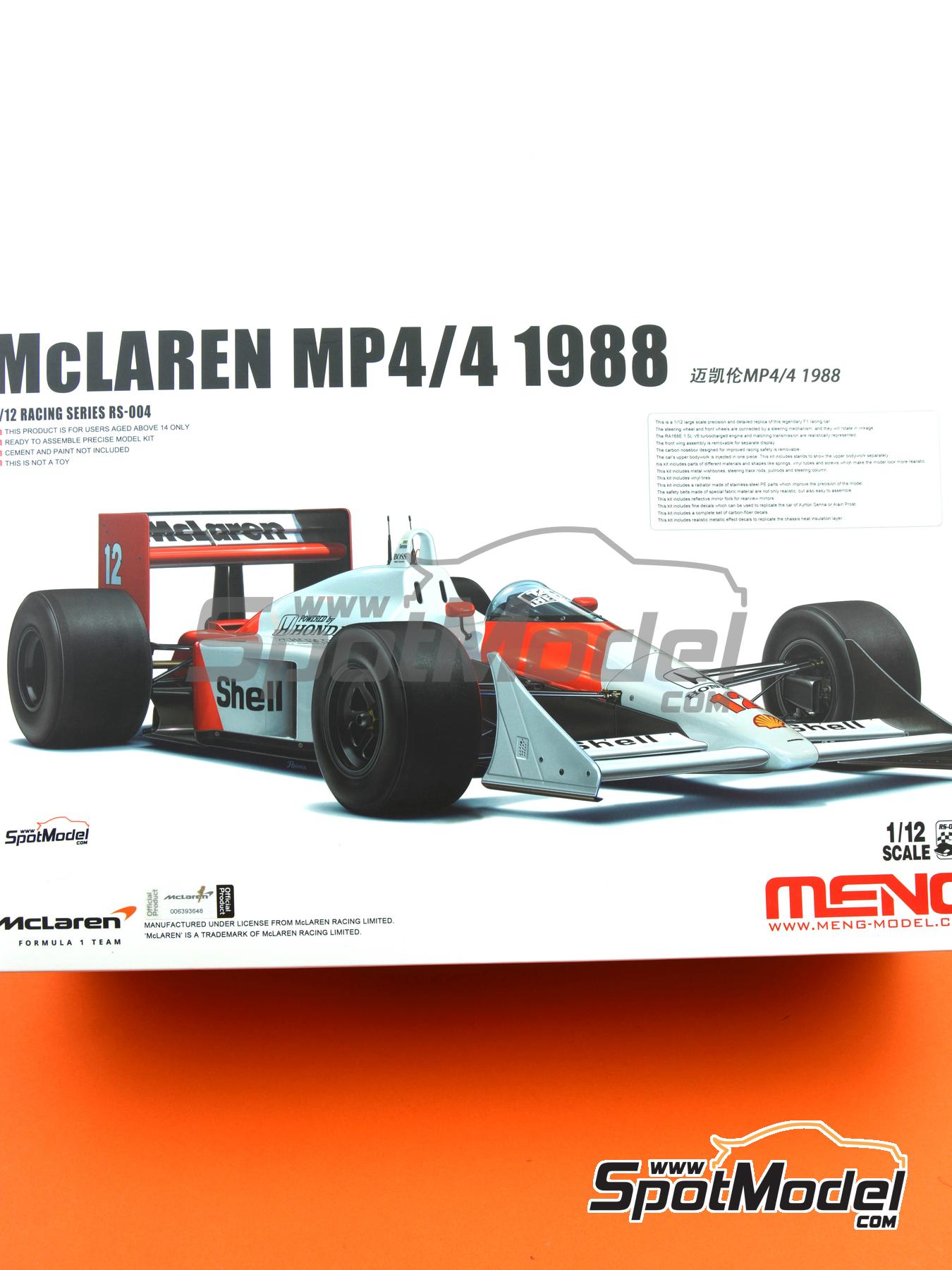 Meng Model RS-004: Car scale model kit 1/12 scale McLaren Honda MP4/4  McLaren Racing Limited Team sponsored by Marlboro #11, 12 Alain Prost  (FR), Ayrton Senna da Silva (BR)